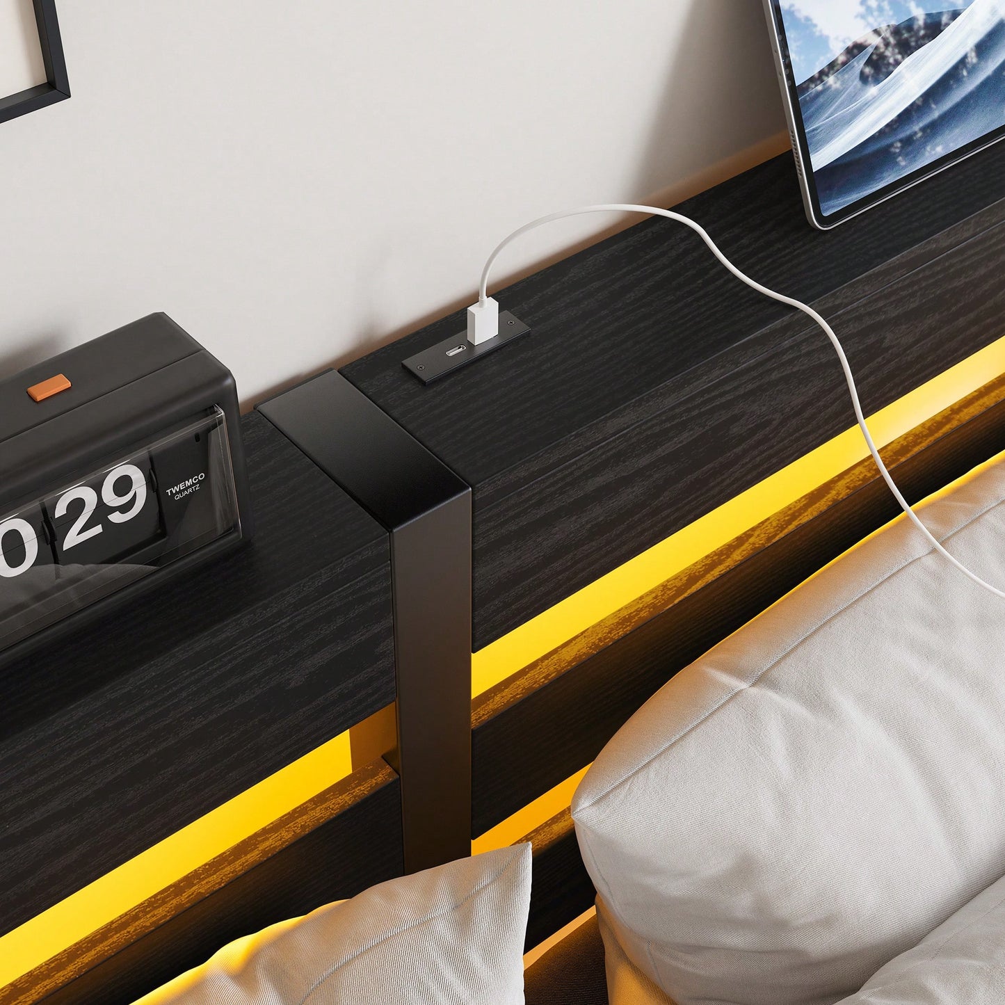 Elegant Queen Size Metal Bed Frame With Wooden Headboard, RGB LED Lights, USB Charger, Storage Shelf, Noise-Free Design, No Box Spring Required, Sleek Black Finish