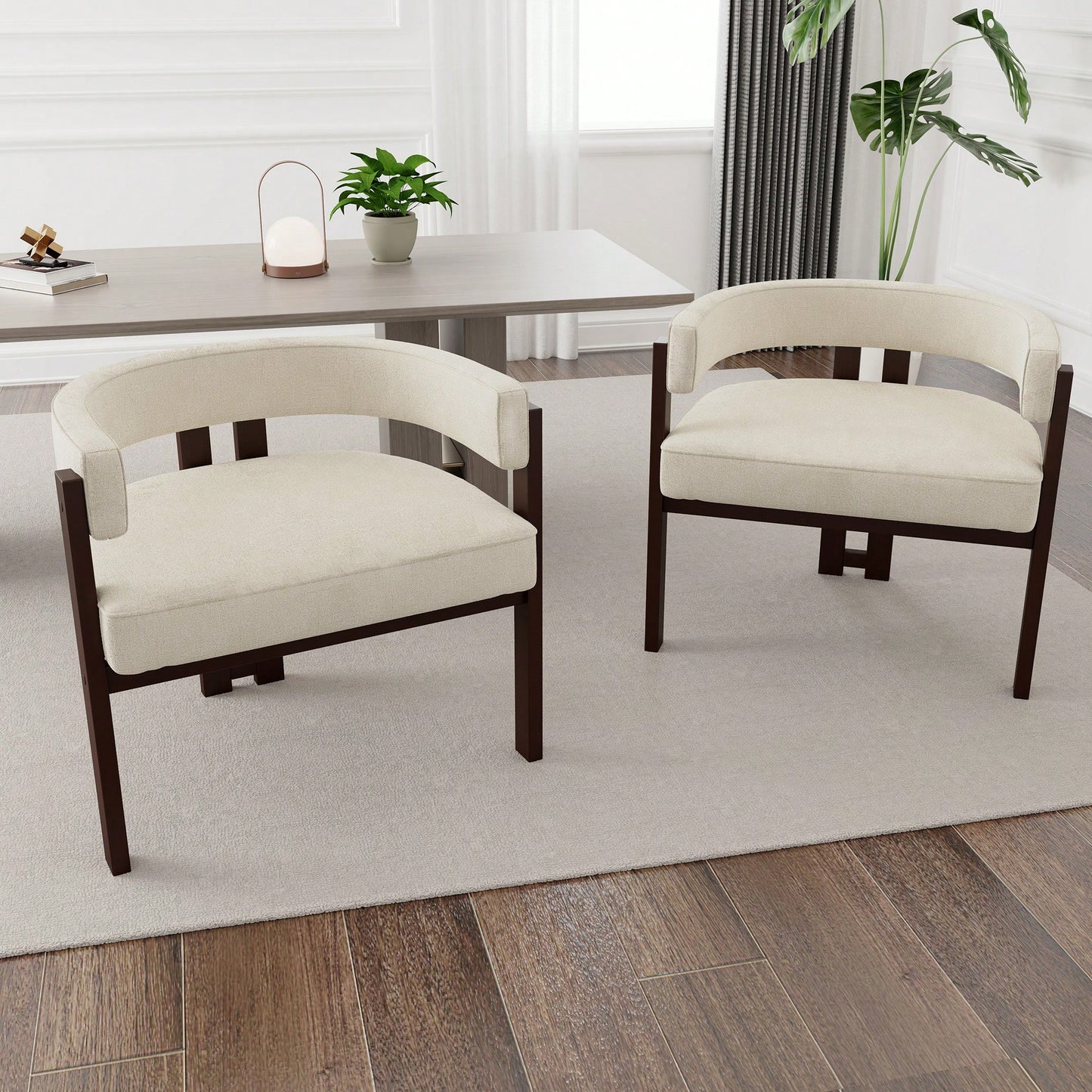 Set Of 2 Contemporary Teddy Upholstered Accent Chair With Open Back And Three Legs - Stylish Barrel Dining Chair For Living Room, Bedroom, Or Dining Room In Beige