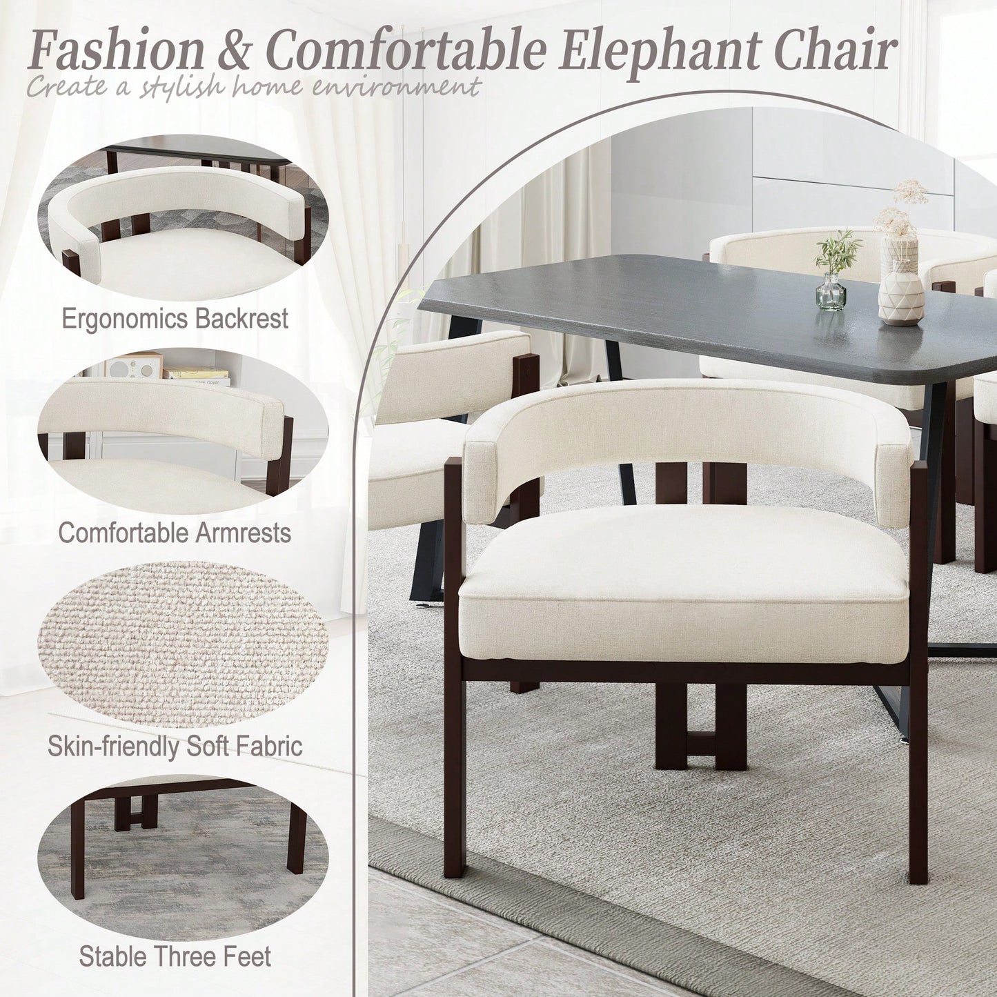Set Of 2 Contemporary Teddy Upholstered Accent Chair With Open Back And Three Legs - Stylish Barrel Dining Chair For Living Room, Bedroom, Or Dining Room In Beige