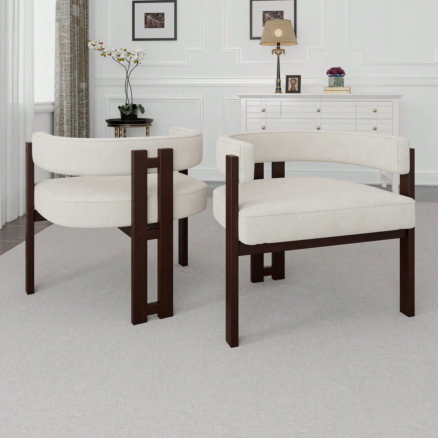 Set Of 2 Contemporary Teddy Upholstered Accent Chair With Open Back And Three Legs - Stylish Barrel Dining Chair For Living Room, Bedroom, Or Dining Room In Beige