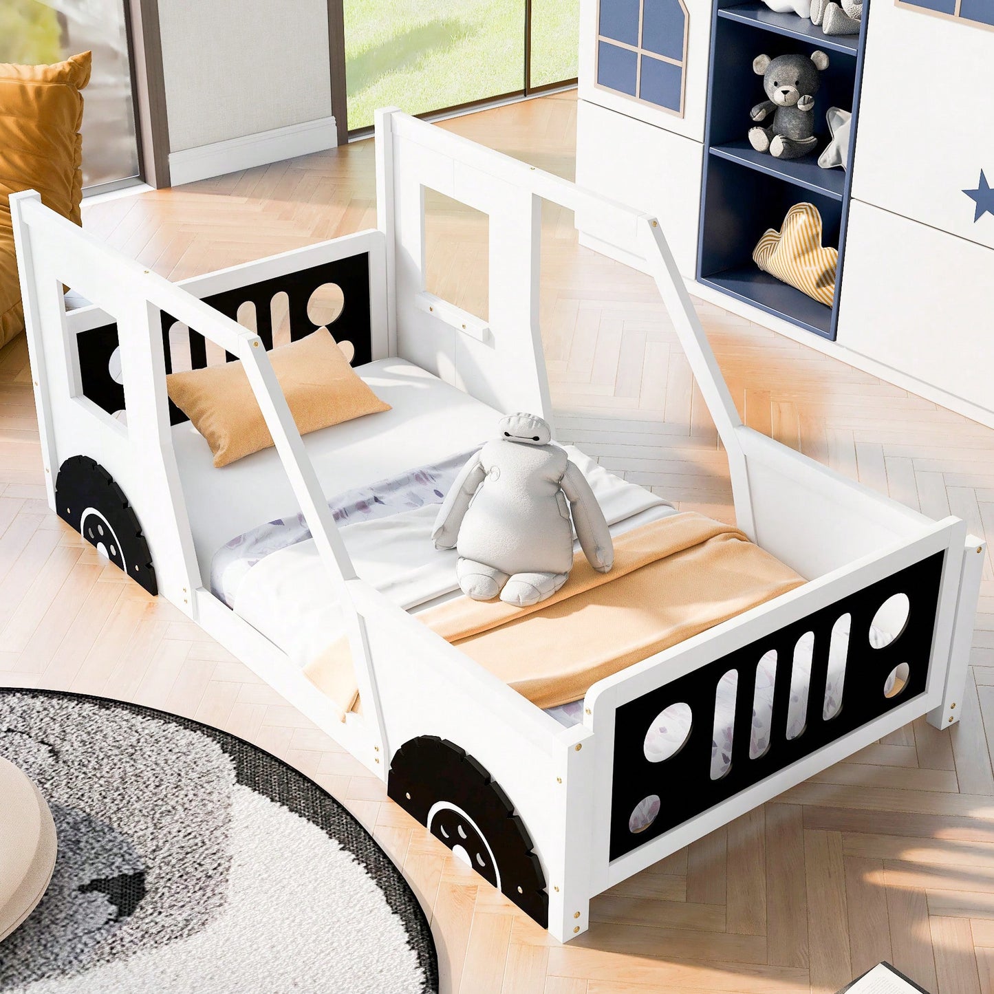 Classic Car-Inspired Twin Size Platform Bed With Wheels In Blue - Fun And Stylish Kids' Furniture