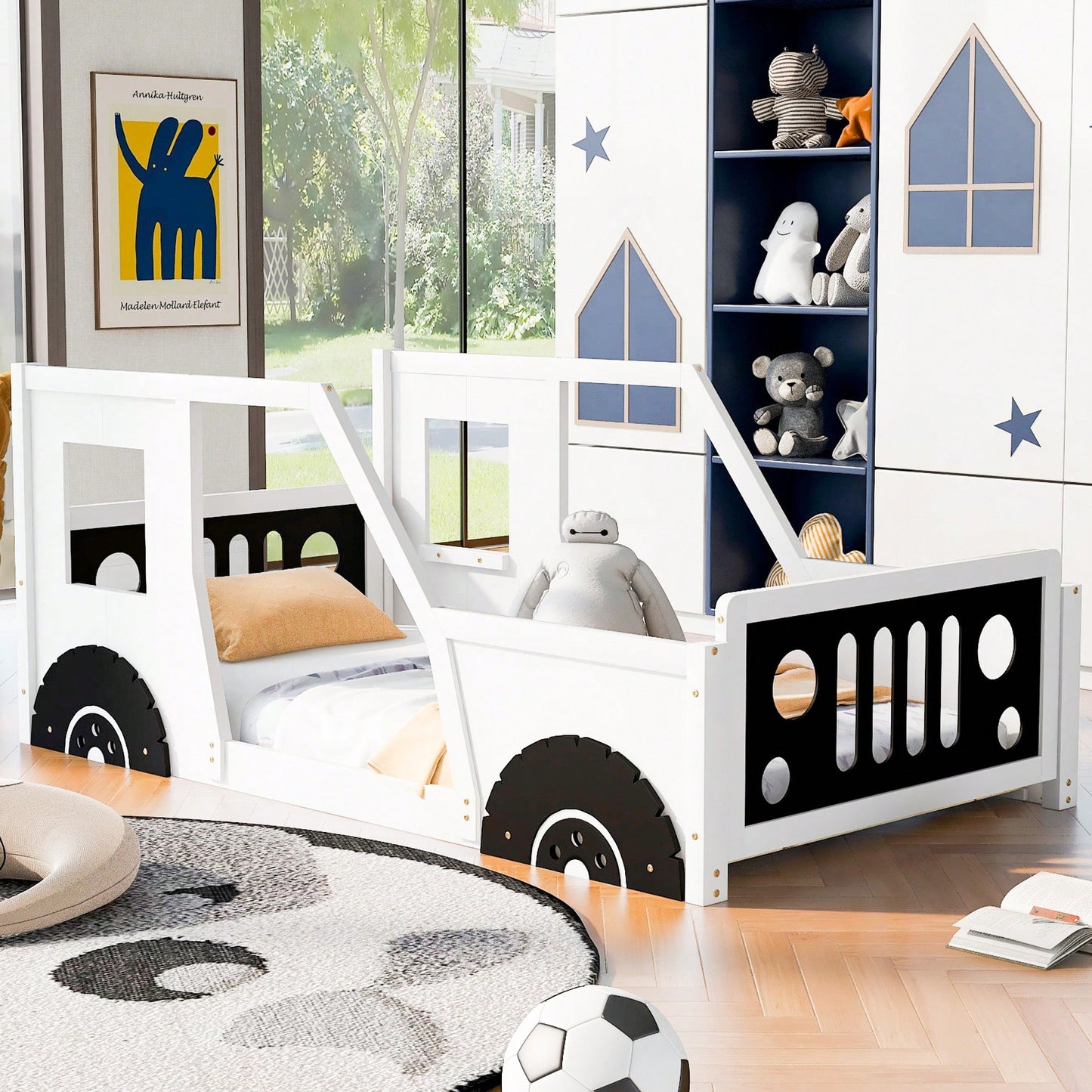 Classic Car-Inspired Twin Size Platform Bed With Wheels In Blue - Fun And Stylish Kids' Furniture