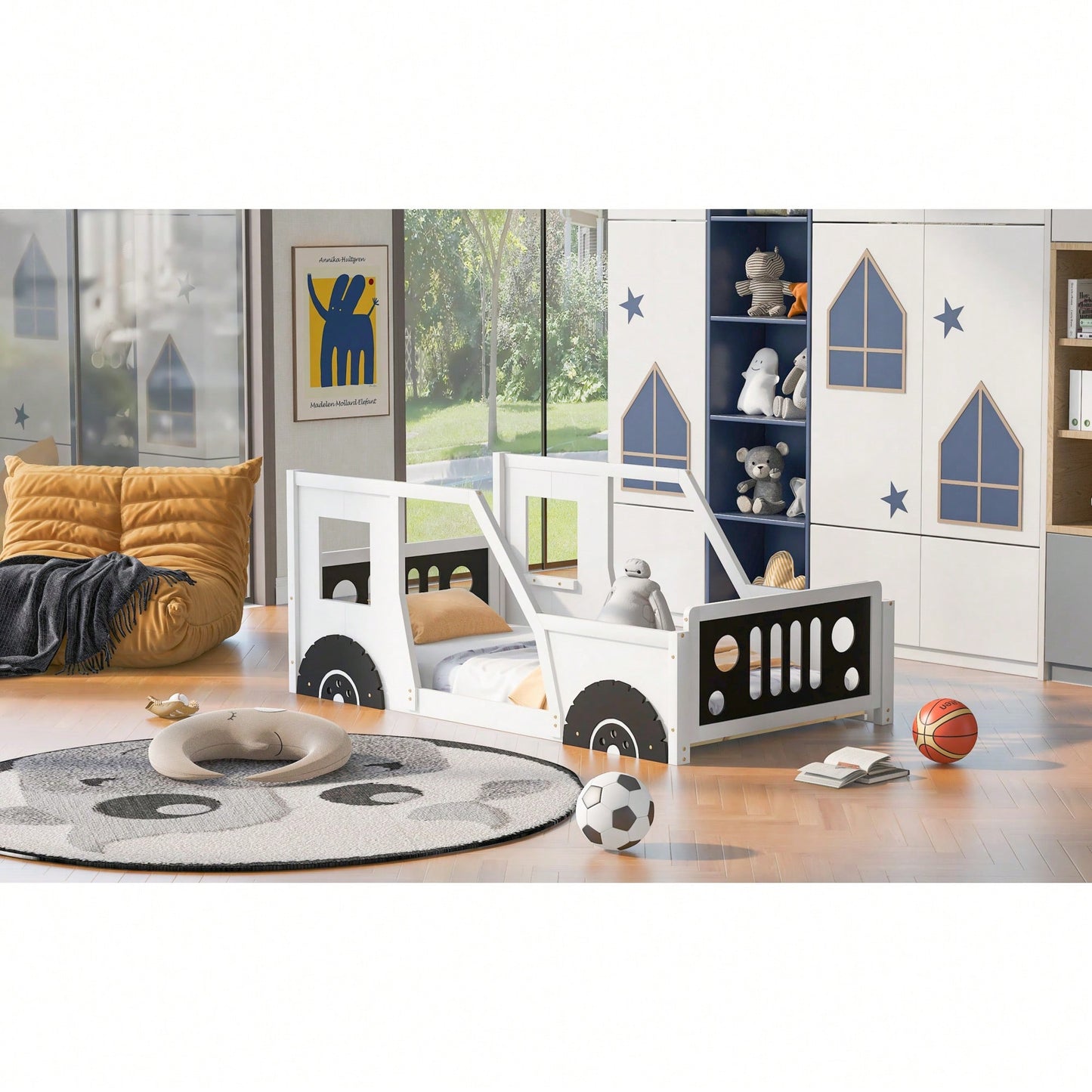 Classic Car-Inspired Twin Size Platform Bed With Wheels In Blue - Fun And Stylish Kids' Furniture