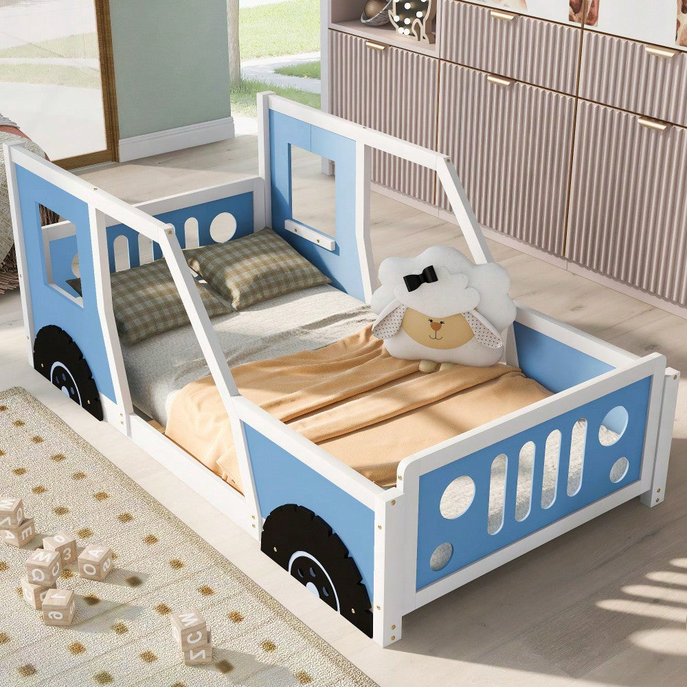 Classic Car-Inspired Twin Size Platform Bed With Wheels In Blue - Fun And Stylish Kids' Furniture