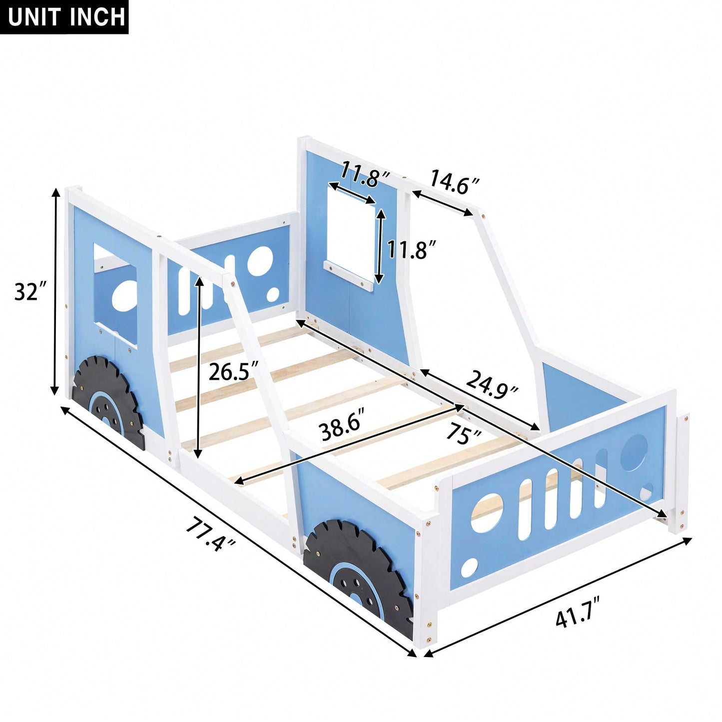 Classic Car-Inspired Twin Size Platform Bed With Wheels In Blue - Fun And Stylish Kids' Furniture