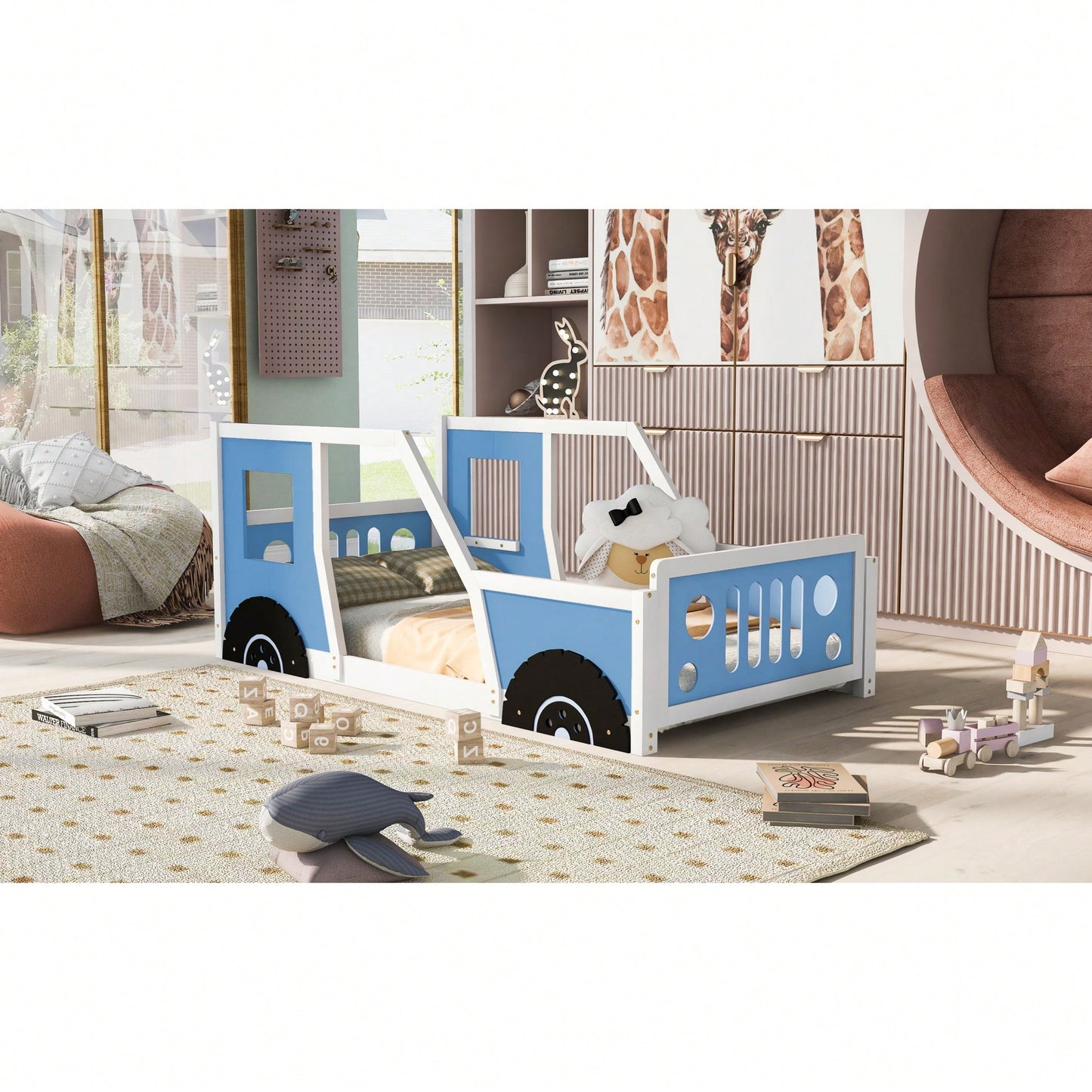 Classic Car-Inspired Twin Size Platform Bed With Wheels In Blue - Fun And Stylish Kids' Furniture