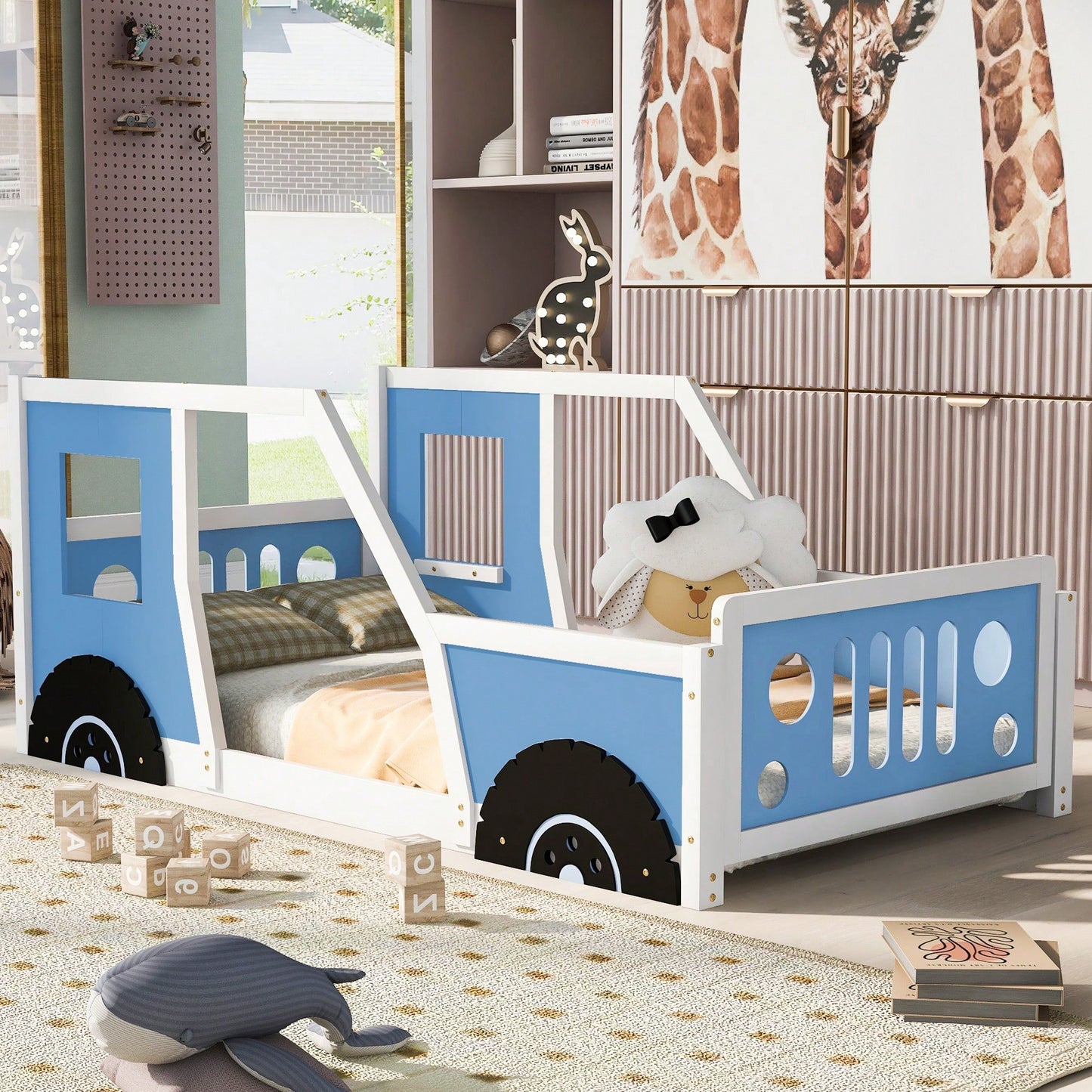 Classic Car-Inspired Twin Size Platform Bed With Wheels In Blue - Fun And Stylish Kids' Furniture