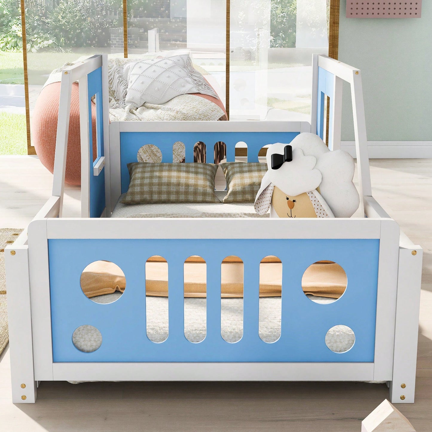 Classic Car-Inspired Twin Size Platform Bed With Wheels In Blue - Fun And Stylish Kids' Furniture