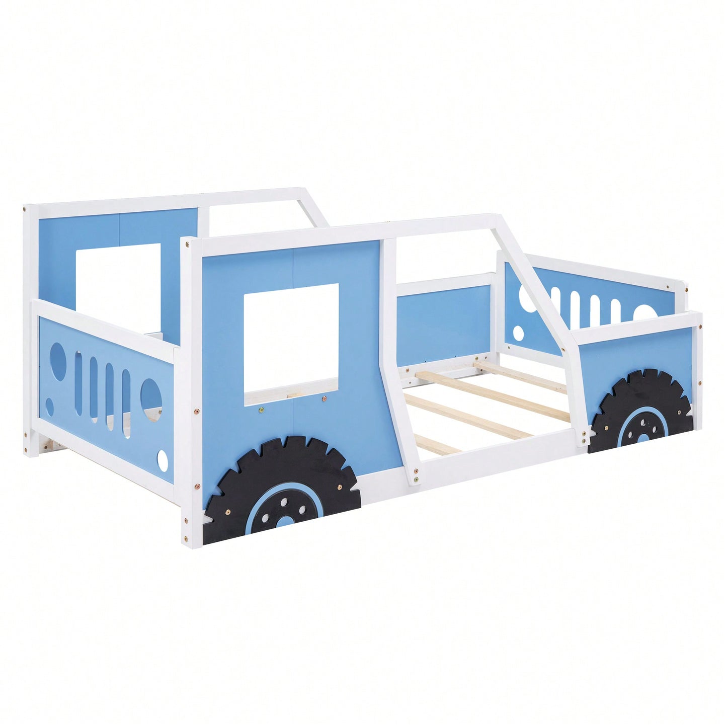 Classic Car-Inspired Twin Size Platform Bed With Wheels In Blue - Fun And Stylish Kids' Furniture