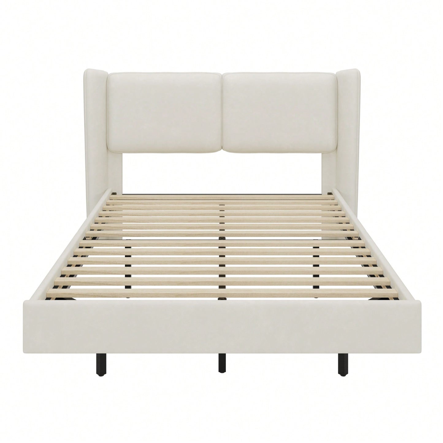 Modern Velvet Floating Bed Frame With LED Lights - Wingback Upholstered Queen Size, No Box Spring Required, Beige