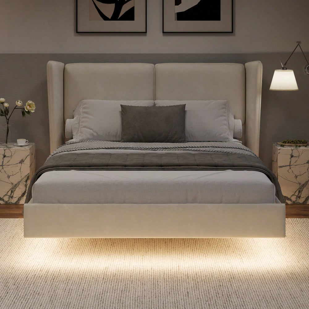 Contemporary Velvet Floating Bed Frame With LED Lights - Wingback Upholstered Full Size No Box Spring Needed In Beige