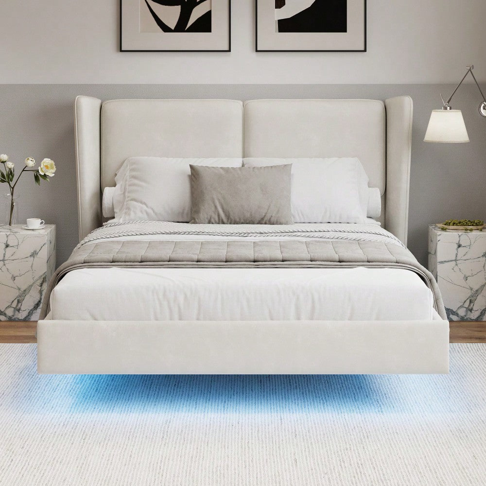 Contemporary Velvet Floating Bed Frame With LED Lights - Wingback Upholstered Full Size No Box Spring Needed In Beige