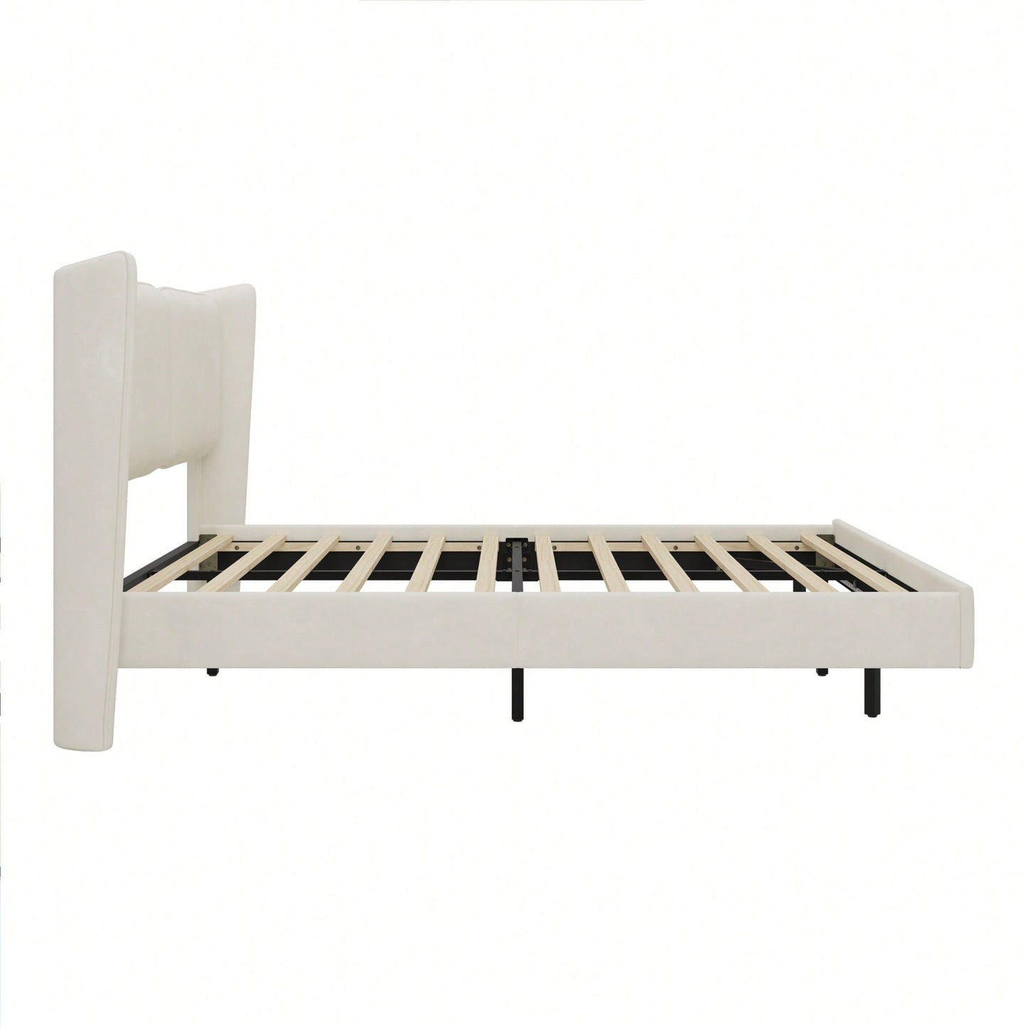 Contemporary Velvet Floating Bed Frame With LED Lights - Wingback Upholstered Full Size No Box Spring Needed In Beige