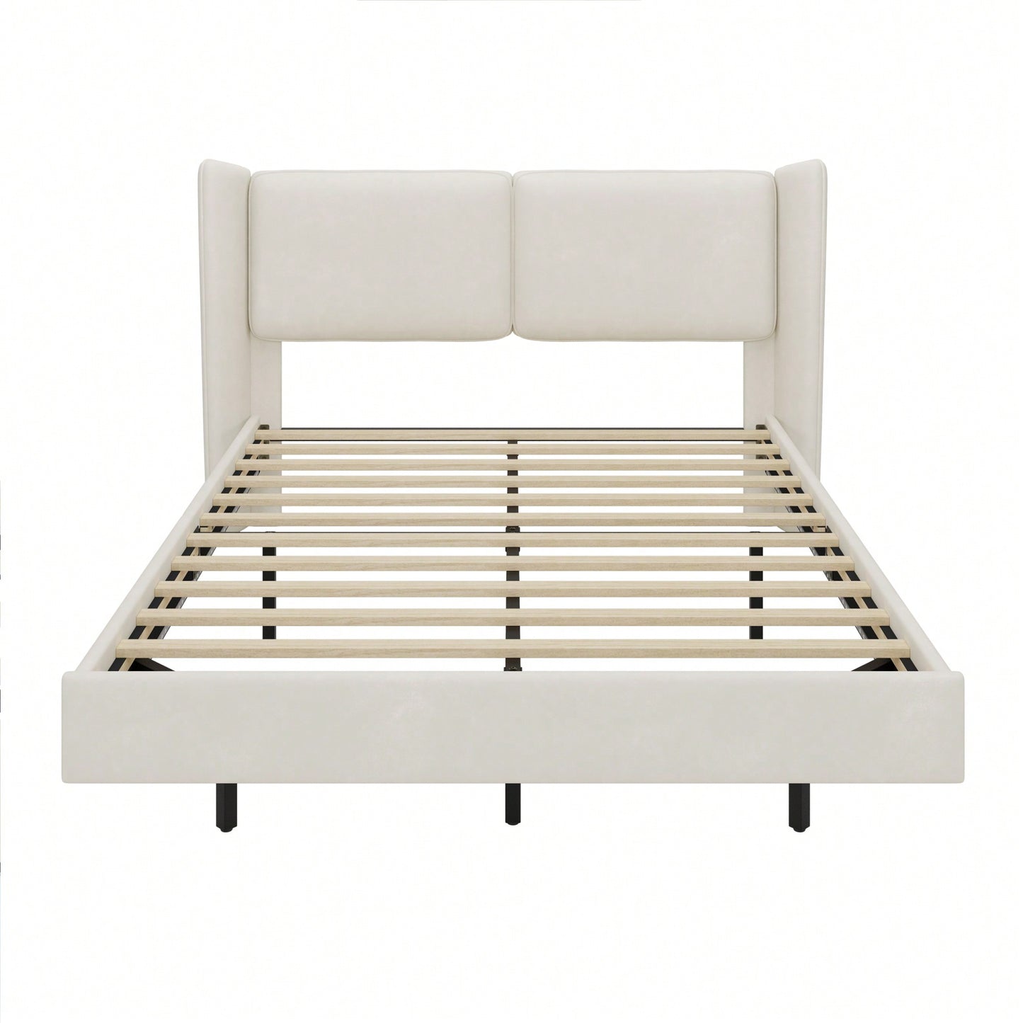 Contemporary Velvet Floating Bed Frame With LED Lights - Wingback Upholstered Full Size No Box Spring Needed In Beige
