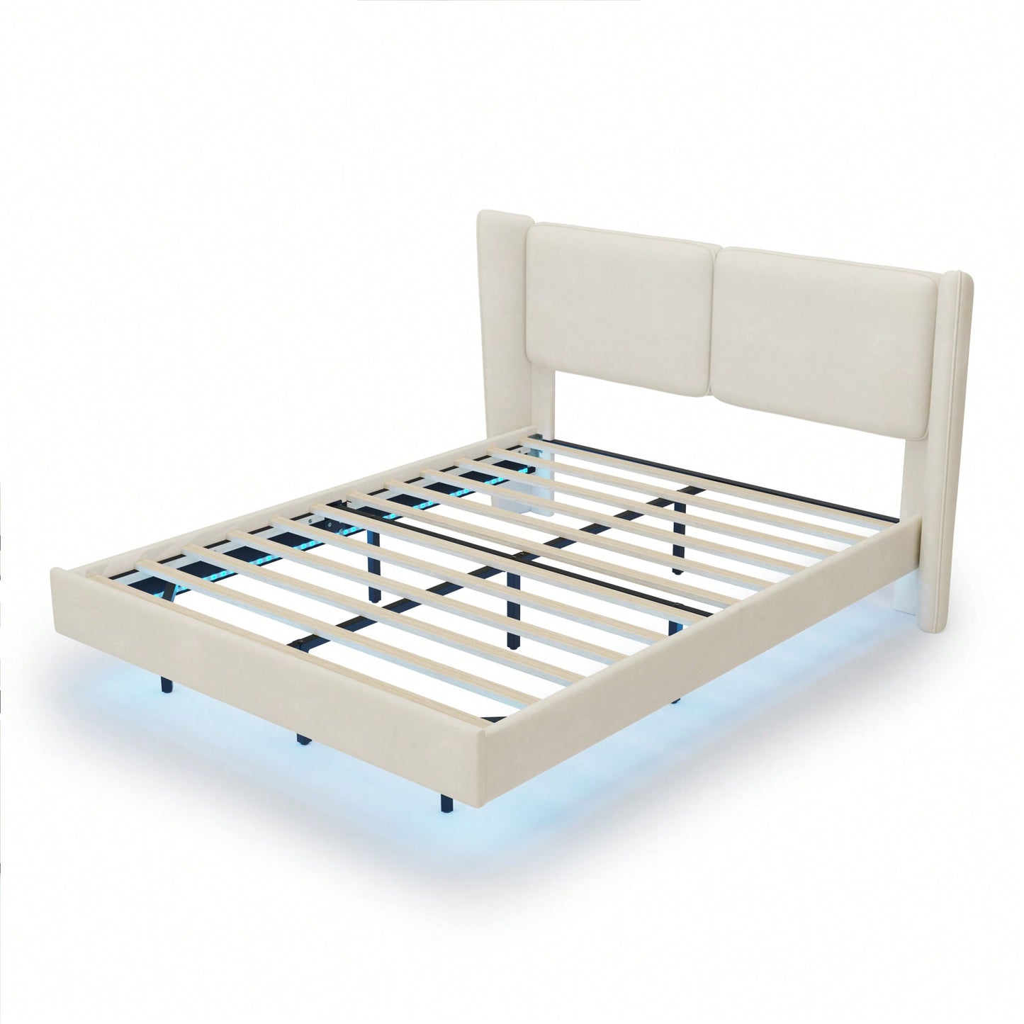 Contemporary Velvet Floating Bed Frame With LED Lights - Wingback Upholstered Full Size No Box Spring Needed In Beige