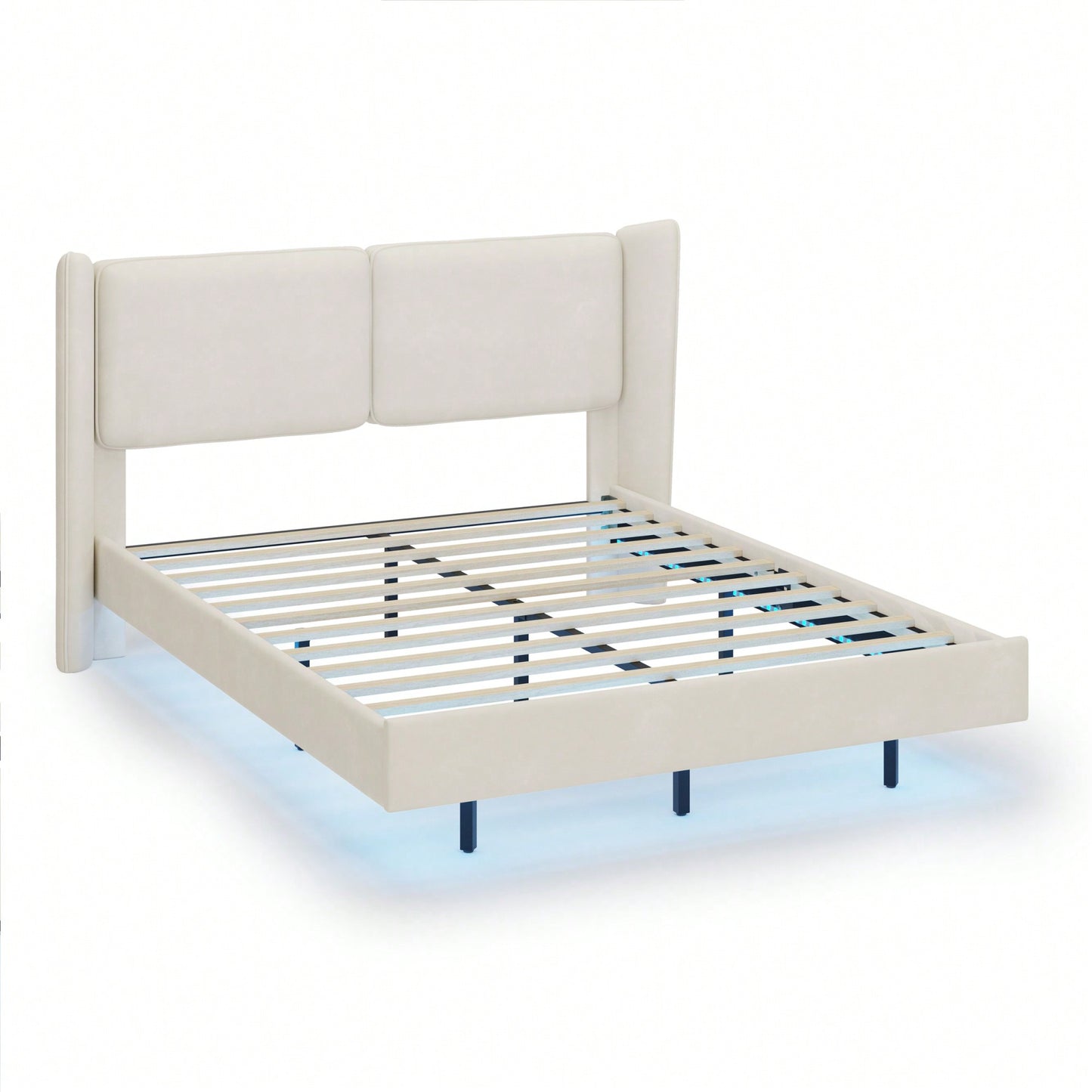 Contemporary Velvet Floating Bed Frame With LED Lights - Wingback Upholstered Full Size No Box Spring Needed In Beige