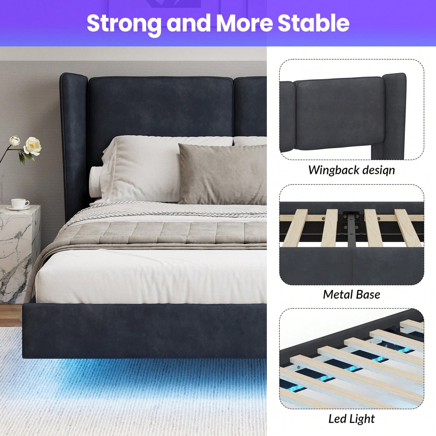 Contemporary Velvet Floating Bed Frame With LED Lights - Wingback Upholstered Full Size No Box Spring Needed In Beige