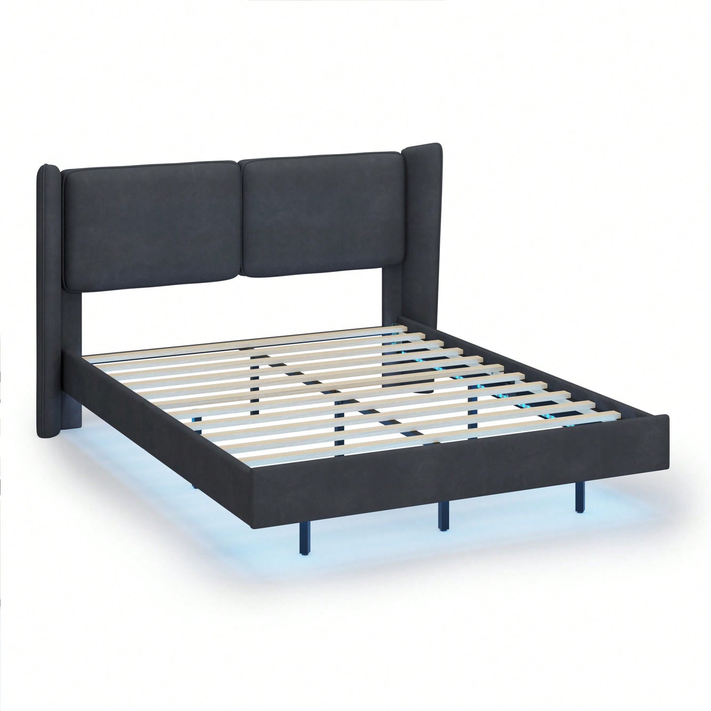 Contemporary Velvet Floating Bed Frame With LED Lights - Wingback Upholstered Full Size No Box Spring Needed In Beige