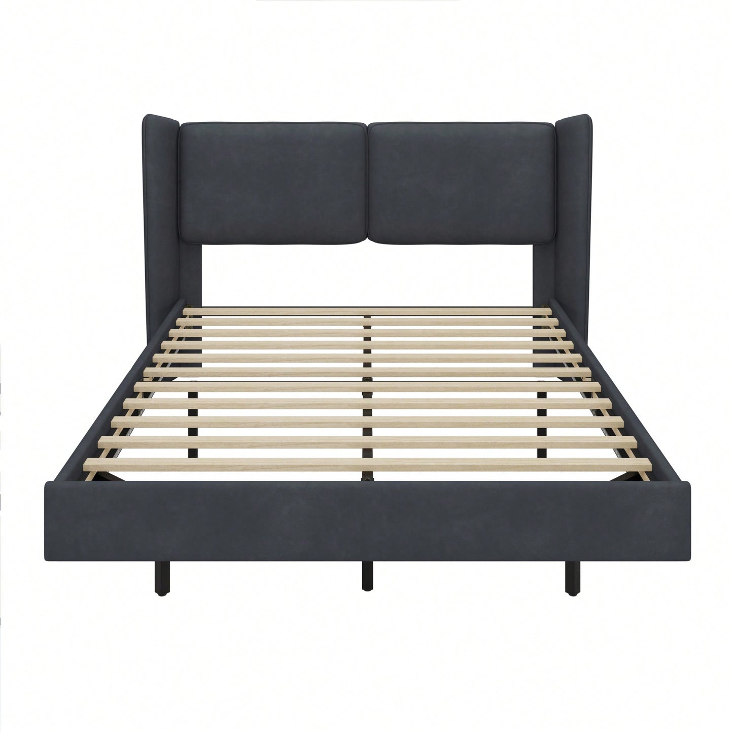 Contemporary Velvet Floating Bed Frame With LED Lights - Wingback Upholstered Full Size No Box Spring Needed In Beige
