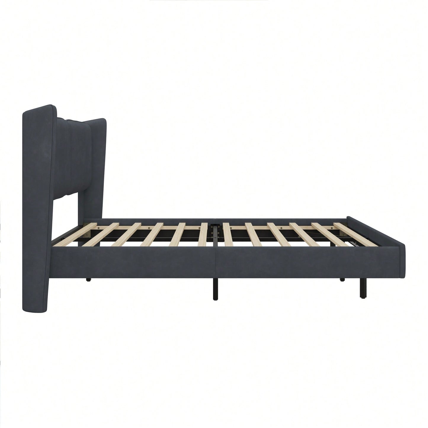 Contemporary Velvet Floating Bed Frame With LED Lights - Wingback Upholstered Full Size No Box Spring Needed In Beige