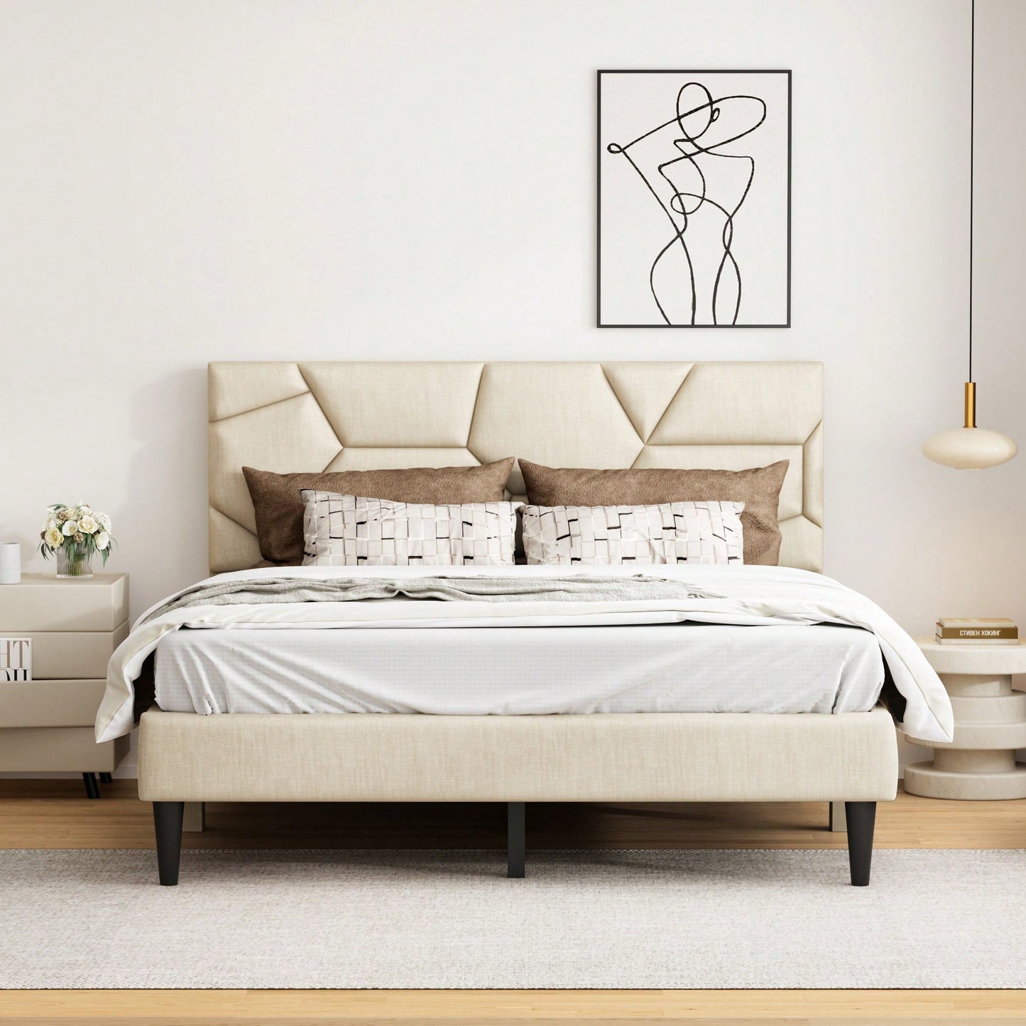 Sturdy Queen Size Metal Bed Frame With Storage Headboard – No Noise, Supportive Slats, No Box Spring Required