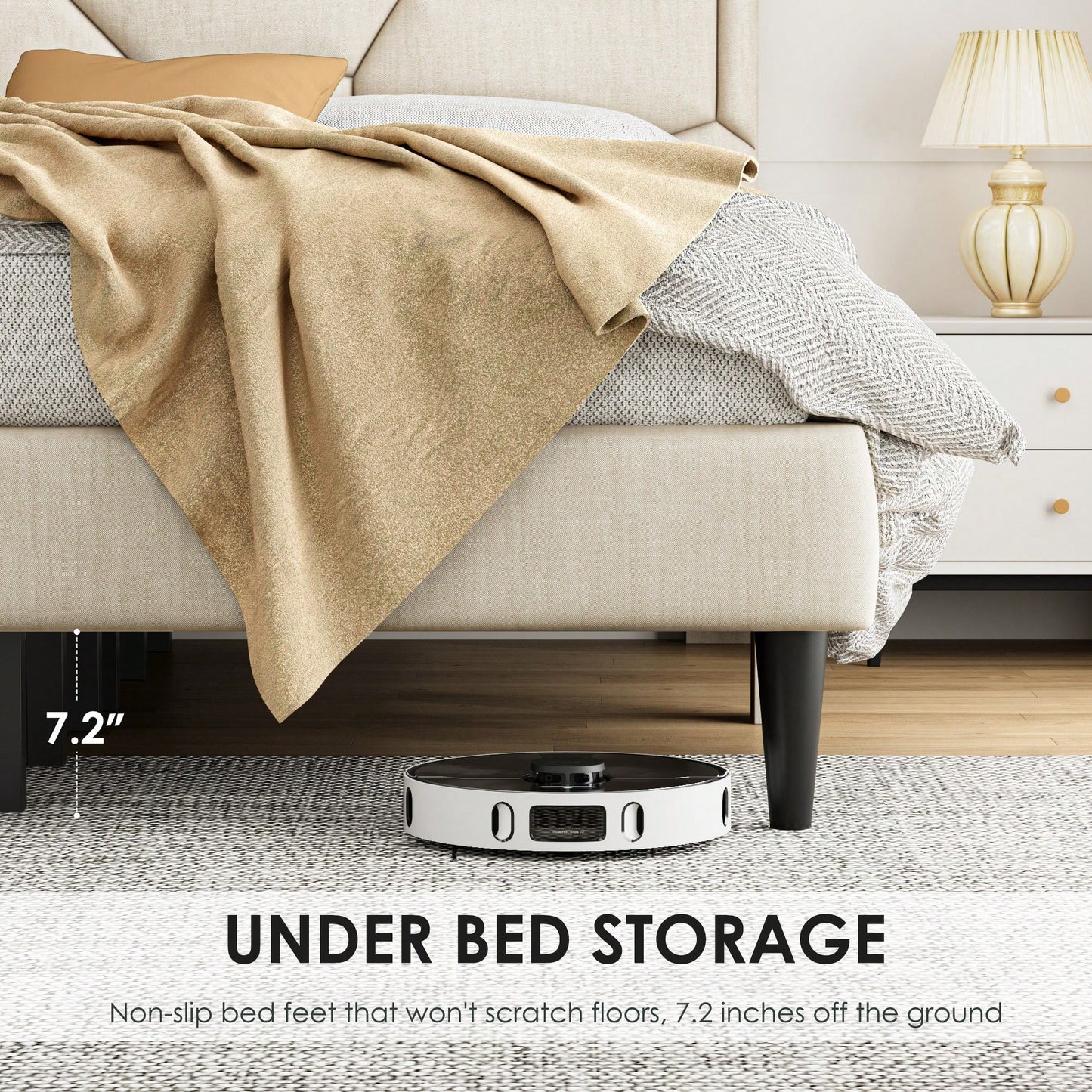Sturdy Queen Size Metal Bed Frame With Storage Headboard – No Noise, Supportive Slats, No Box Spring Required