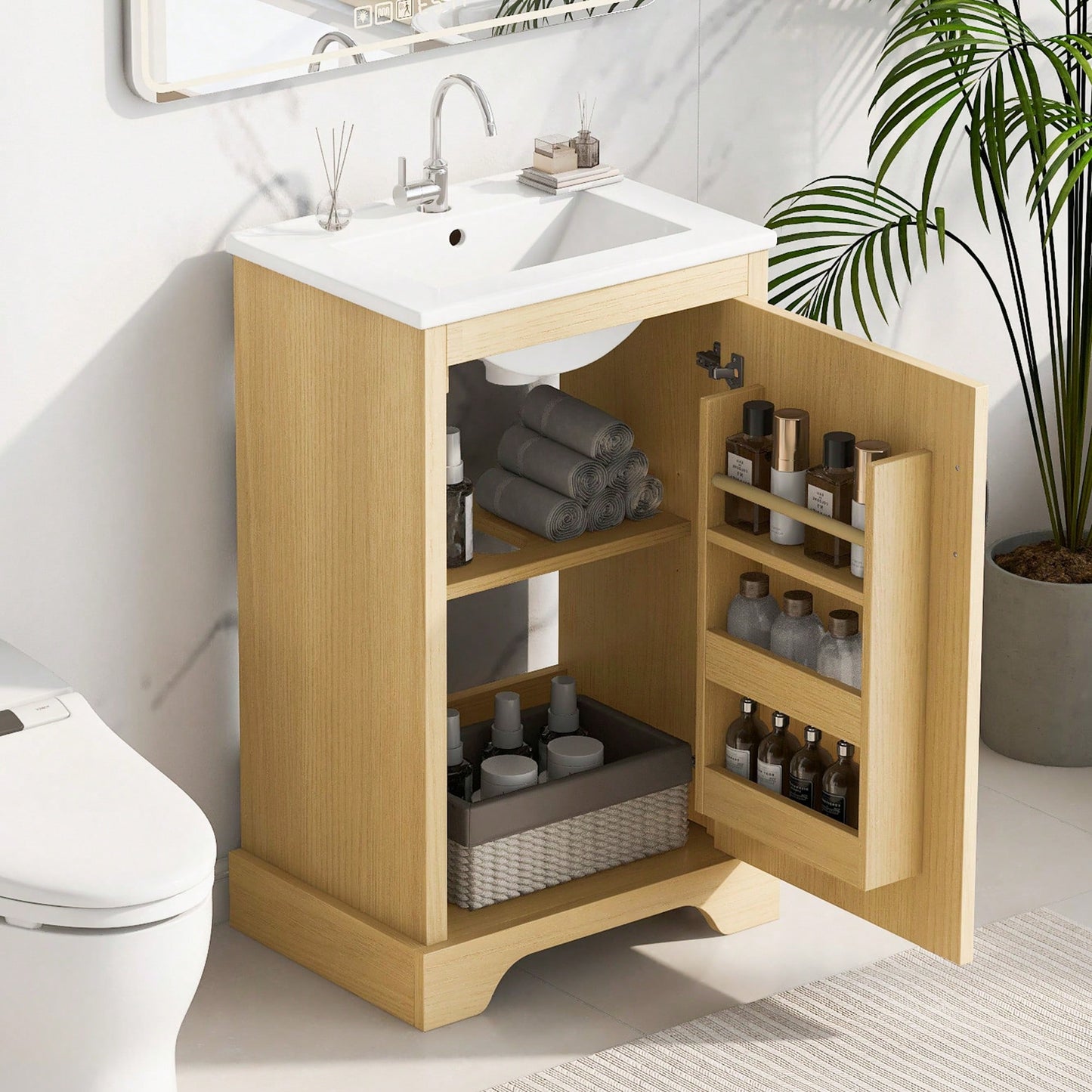 Elegant 20" Bathroom Vanity With Sink, Soft Close Doors, Storage Cabinet, Adjustable Shelves, Natural Wood Finish
