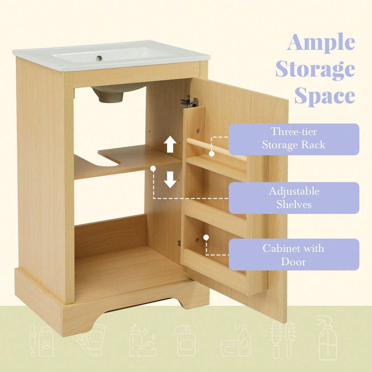 Elegant 20" Bathroom Vanity With Sink, Soft Close Doors, Storage Cabinet, Adjustable Shelves, Natural Wood Finish