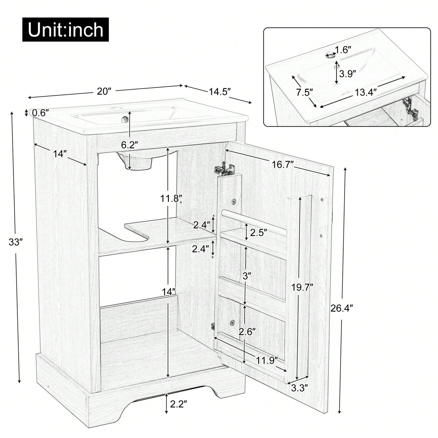 Elegant 20" Bathroom Vanity With Sink, Soft Close Doors, Storage Cabinet, Adjustable Shelves, Natural Wood Finish