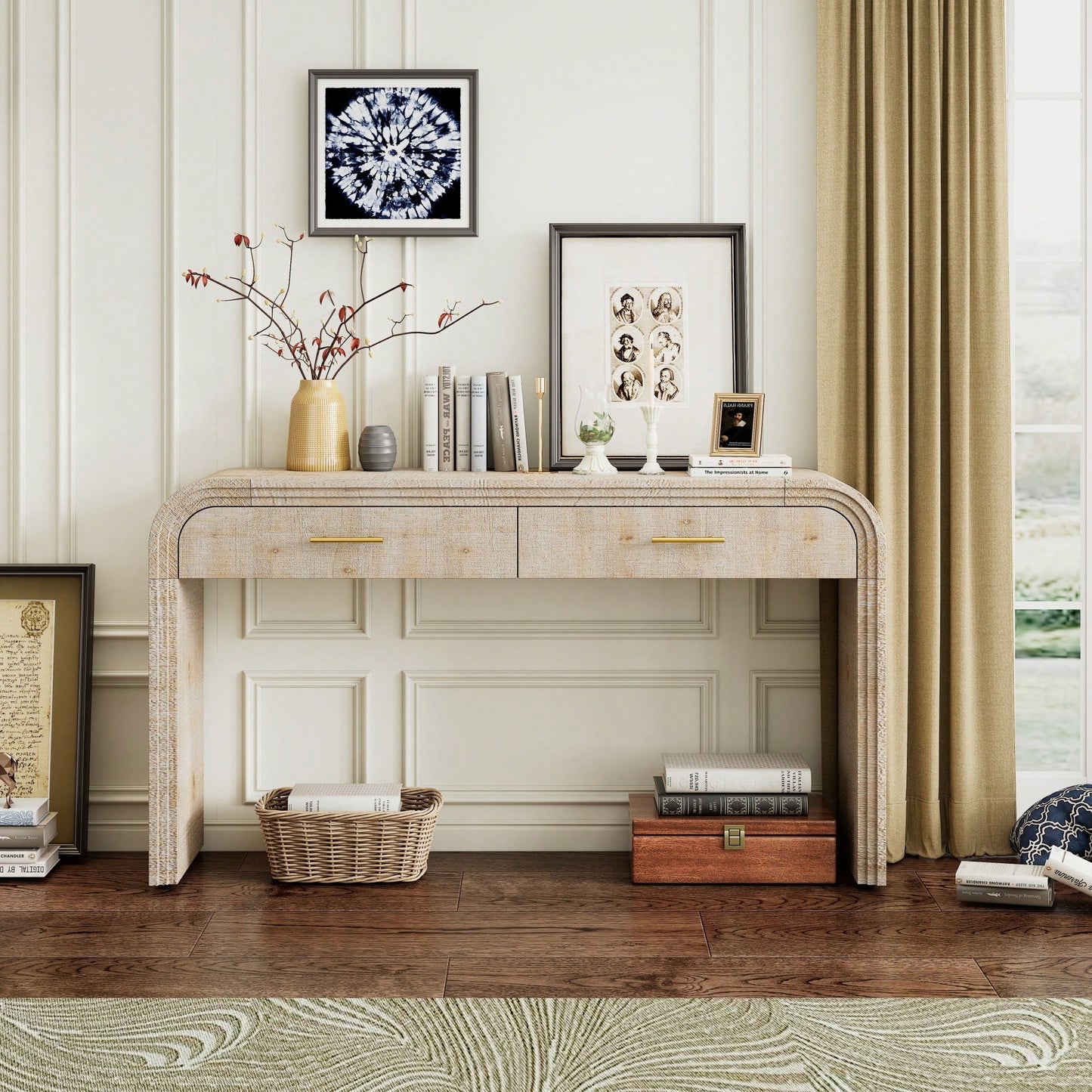 Unique Retro Console Table With Open Design And Two Top Drawers For Entryway Dining Room Living Room Natural Wood Finish
