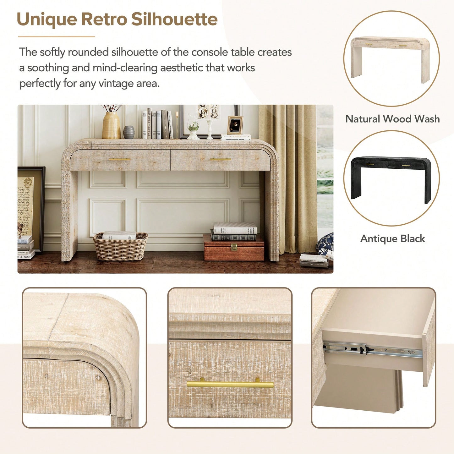 Unique Retro Console Table With Open Design And Two Top Drawers For Entryway Dining Room Living Room Natural Wood Finish