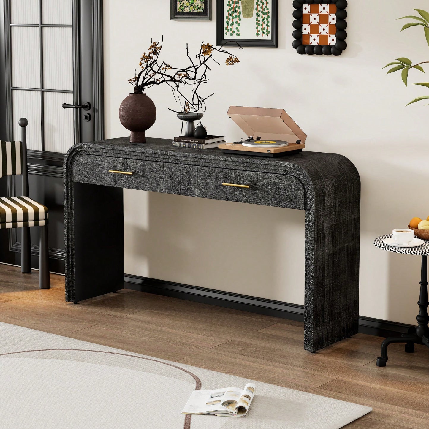 Unique Retro Console Table With Open Design And Two Top Drawers For Entryway Dining Room Living Room Natural Wood Finish