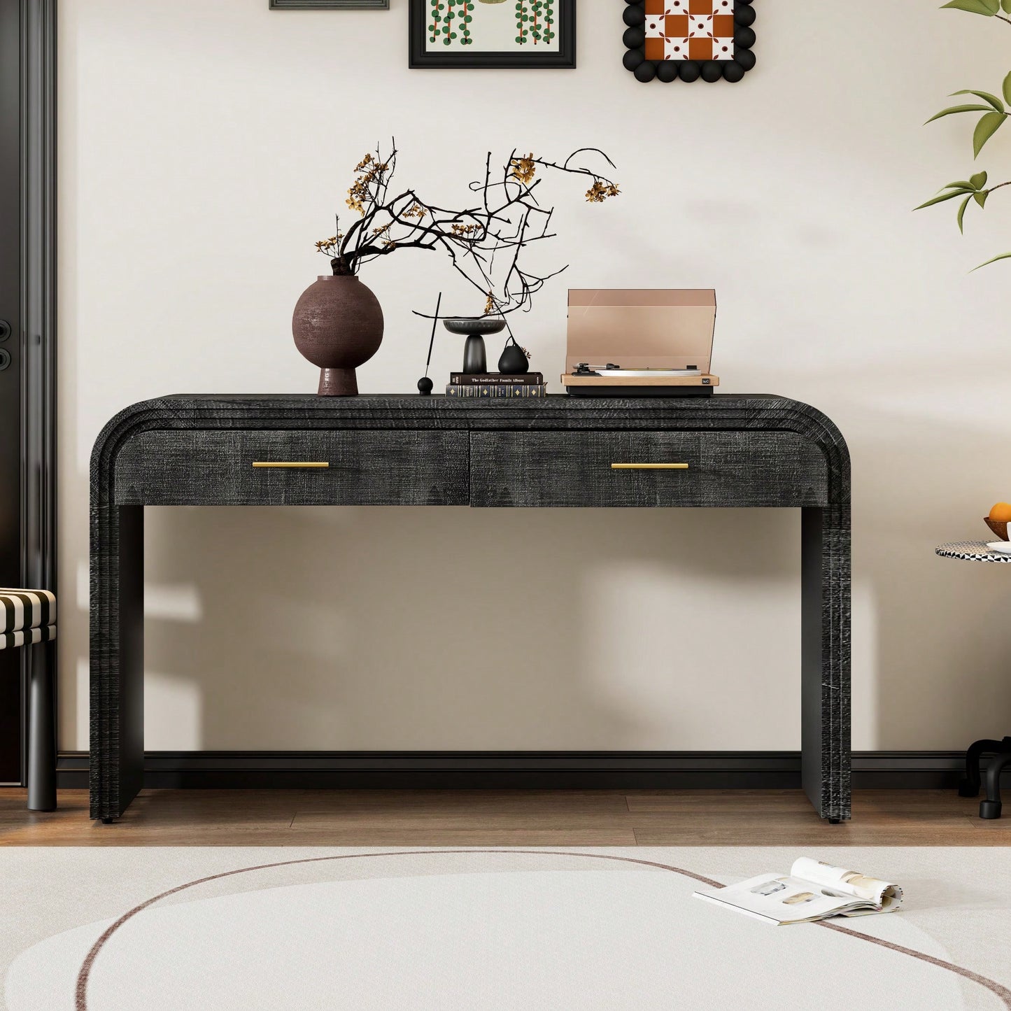 Unique Retro Console Table With Open Design And Two Top Drawers For Entryway Dining Room Living Room Natural Wood Finish