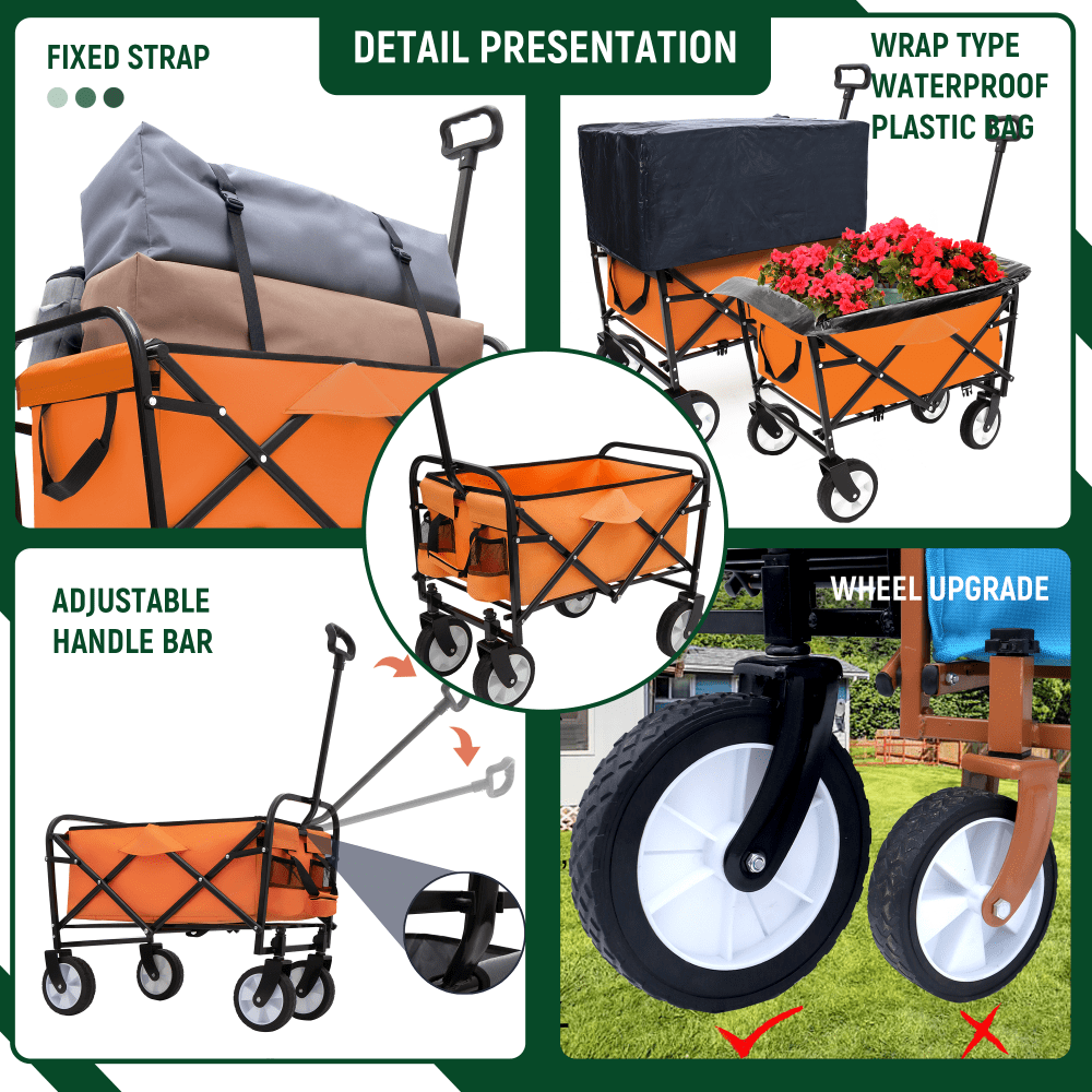 Heavy Duty Collapsible Beach Wagon Utility Cart For Camping Shopping Sports Gardening Fishing Supports 225lbs With All-Terrain Wheels Orange