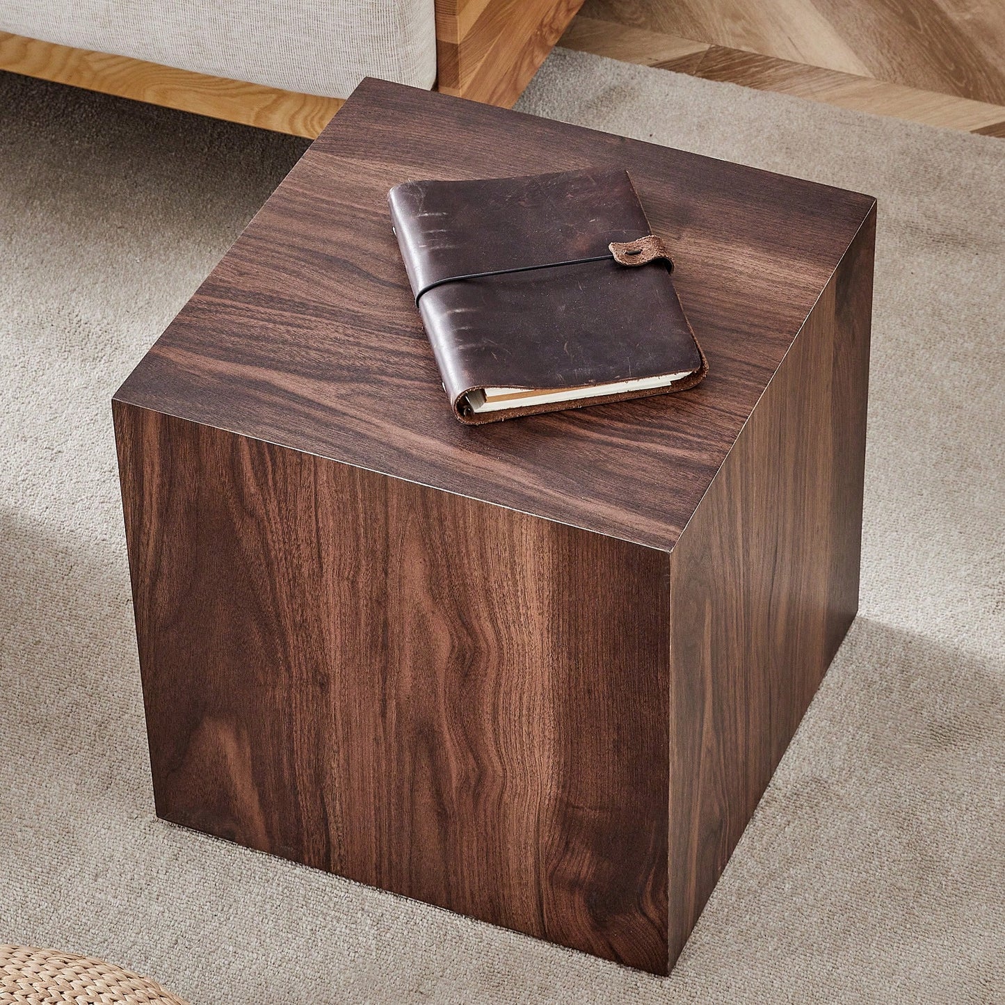 Stylish 16 Inch Walnut Wood Grain MDF Coffee Table With Cube Design Perfect For Living Room Accent