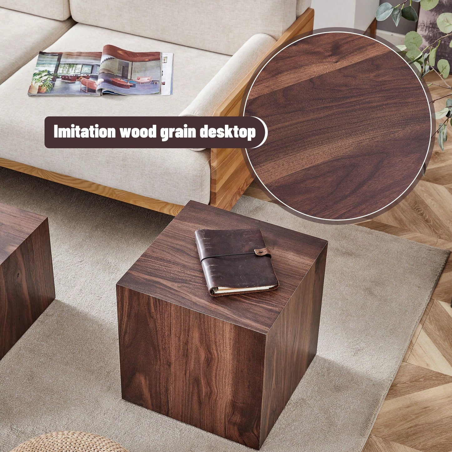 Stylish 16 Inch Walnut Wood Grain MDF Coffee Table With Cube Design Perfect For Living Room Accent