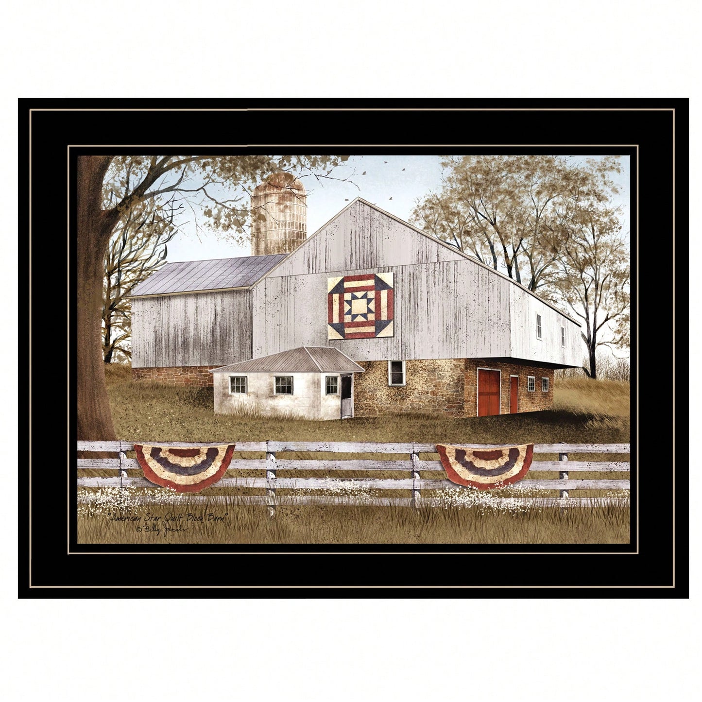American Star Quilt Block Barn Framed Art Print With Black Frame For Rustic Home Decor
