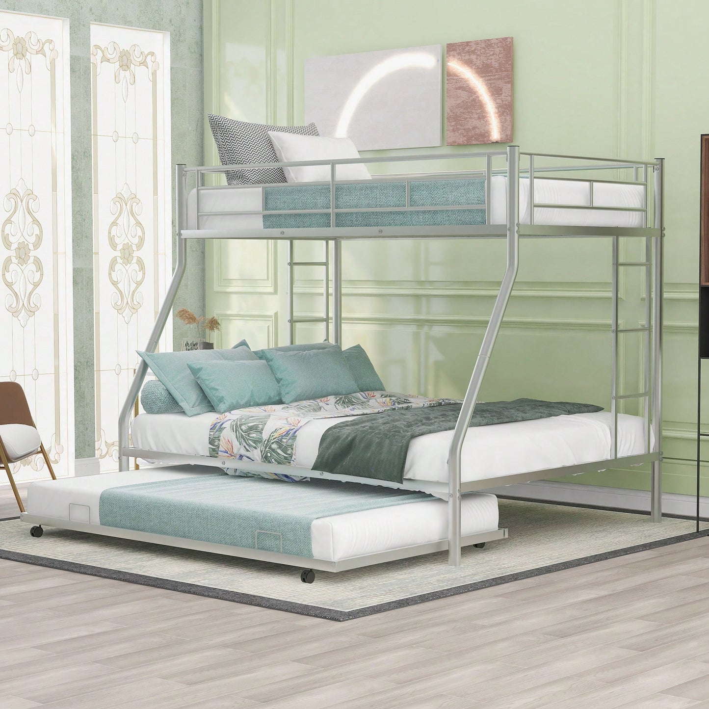 Sturdy Twin Over Full Bunk Bed With Twin Trundle And Dual Ladders In Black Finish