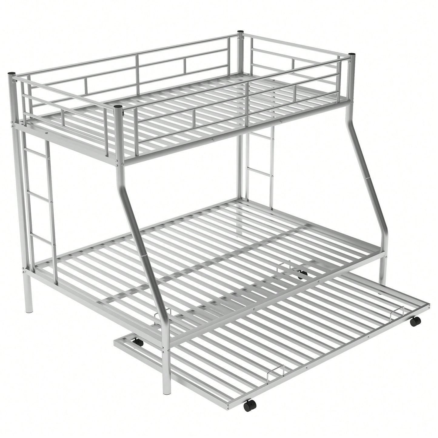 Sturdy Twin Over Full Bunk Bed With Twin Trundle And Dual Ladders In Black Finish