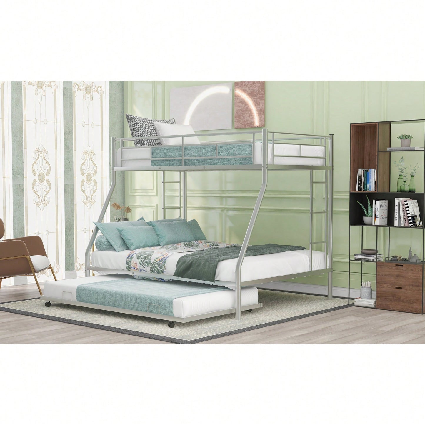Sturdy Twin Over Full Bunk Bed With Twin Trundle And Dual Ladders In Black Finish