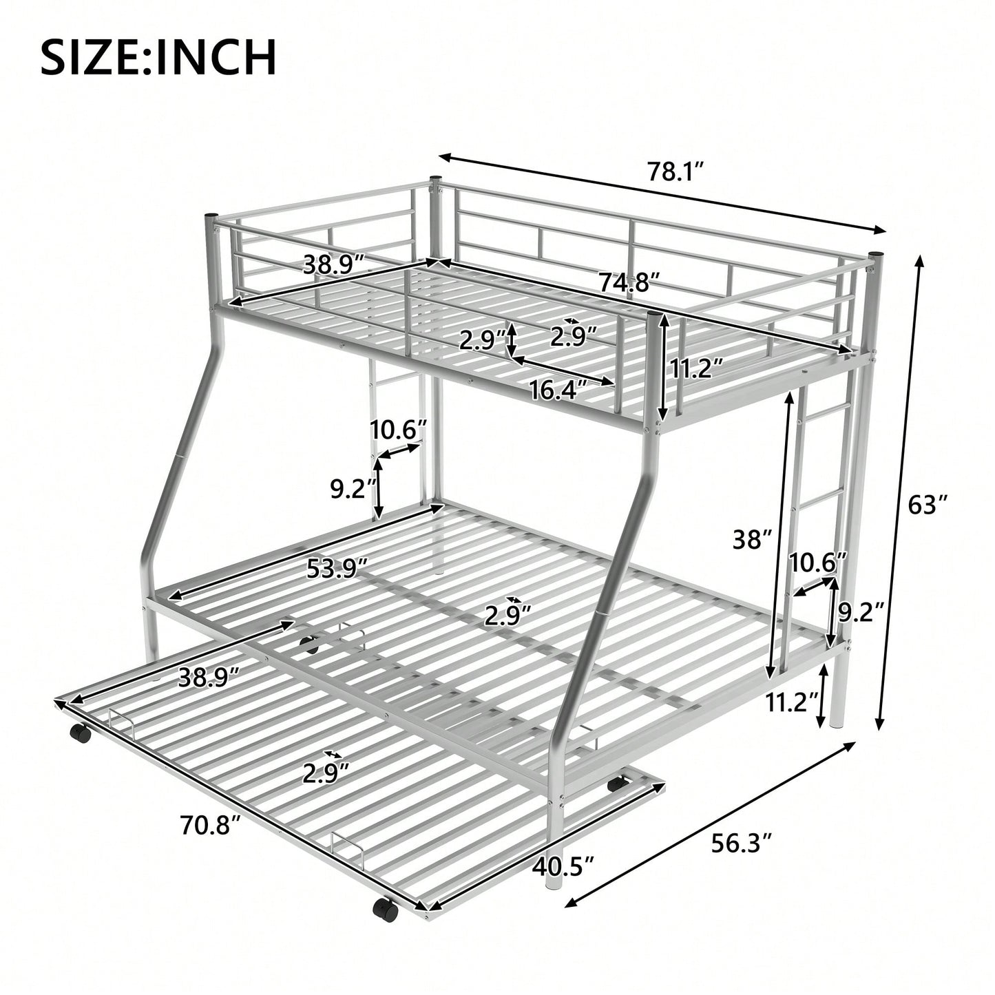 Sturdy Twin Over Full Bunk Bed With Twin Trundle And Dual Ladders In Black Finish