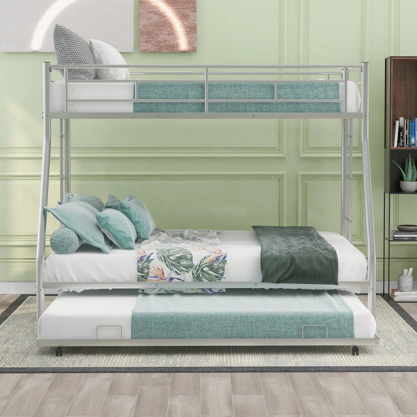 Sturdy Twin Over Full Bunk Bed With Twin Trundle And Dual Ladders In Black Finish