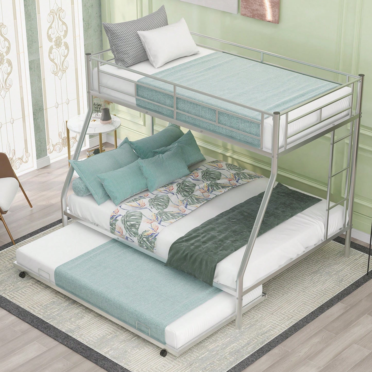 Sturdy Twin Over Full Bunk Bed With Twin Trundle And Dual Ladders In Black Finish
