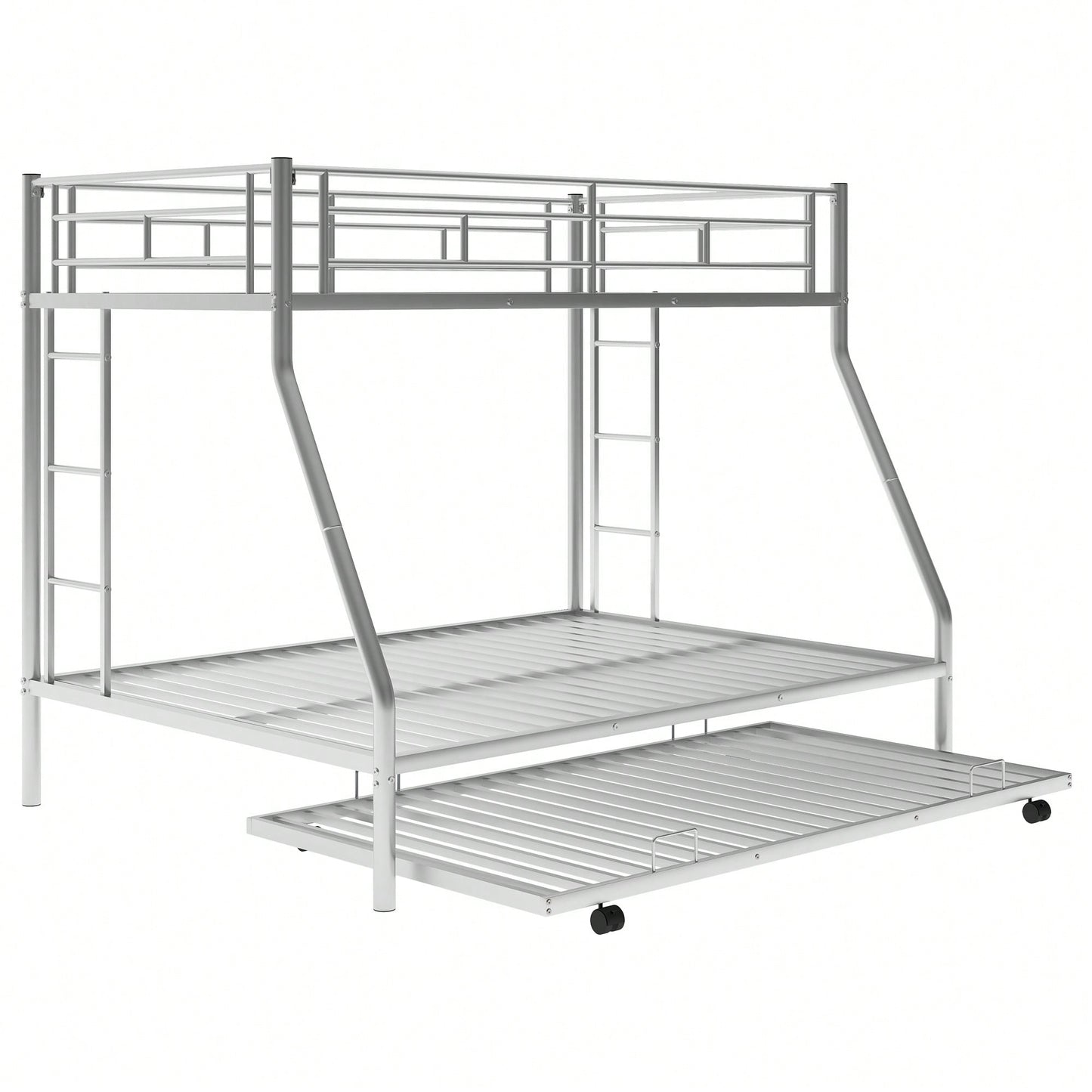 Sturdy Twin Over Full Bunk Bed With Twin Trundle And Dual Ladders In Black Finish