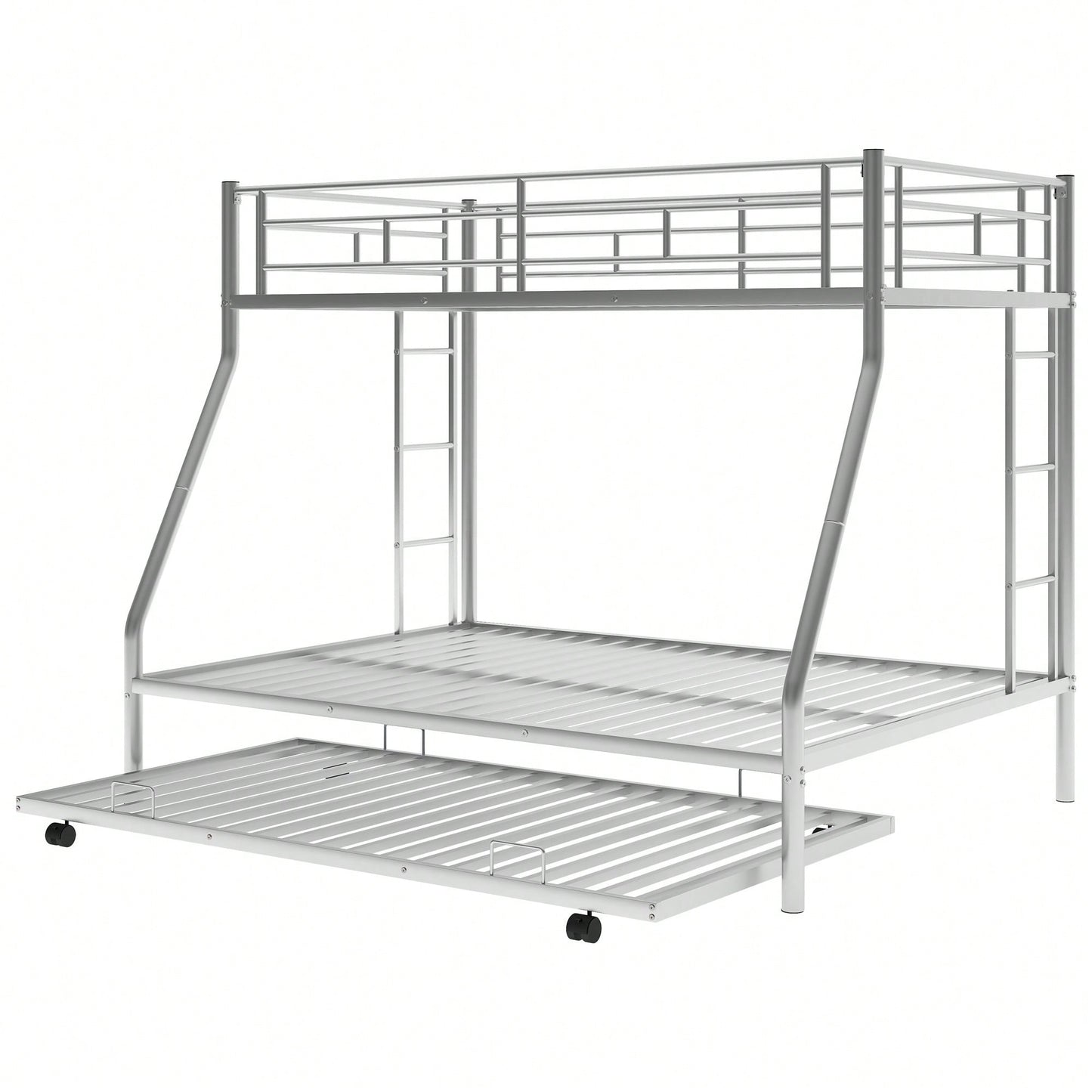 Sturdy Twin Over Full Bunk Bed With Twin Trundle And Dual Ladders In Black Finish