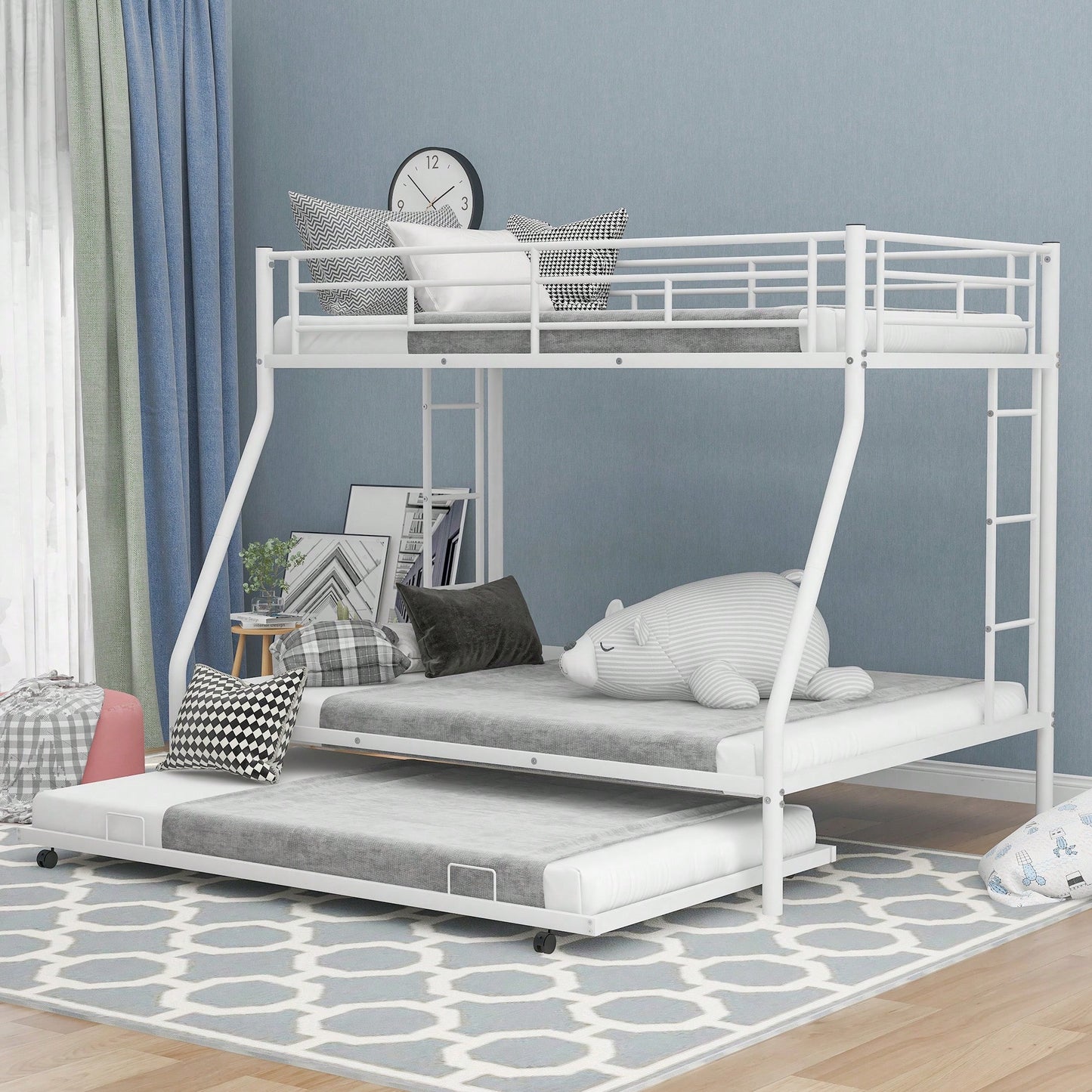 Sturdy Twin Over Full Bunk Bed With Twin Trundle And Dual Ladders In Black Finish