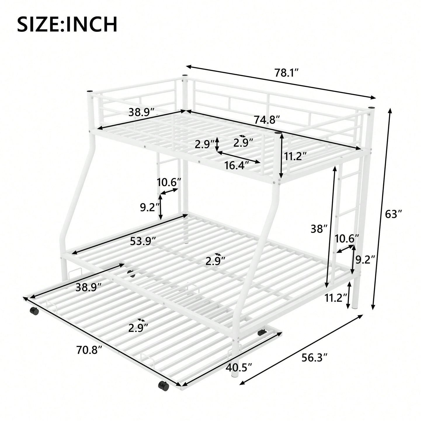 Sturdy Twin Over Full Bunk Bed With Twin Trundle And Dual Ladders In Black Finish
