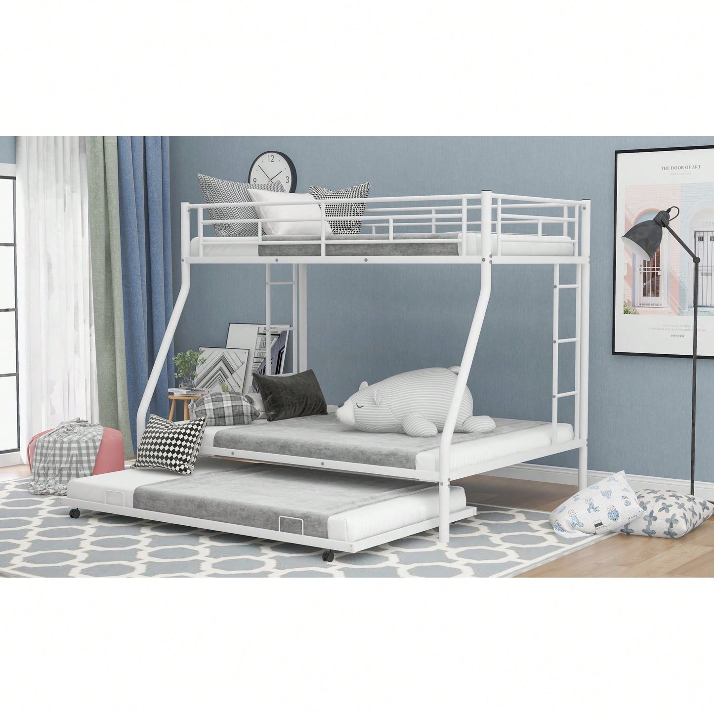 Sturdy Twin Over Full Bunk Bed With Twin Trundle And Dual Ladders In Black Finish