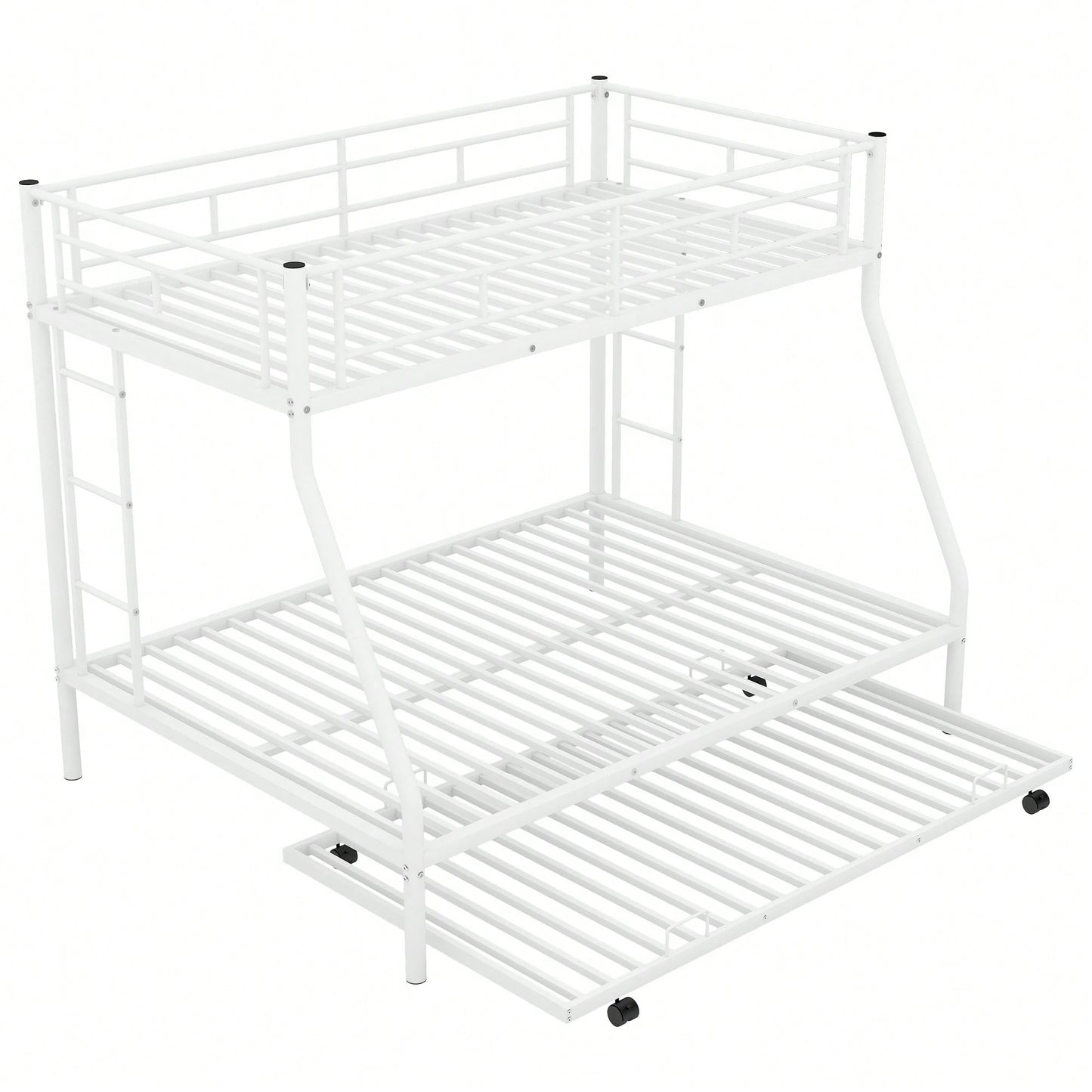Sturdy Twin Over Full Bunk Bed With Twin Trundle And Dual Ladders In Black Finish