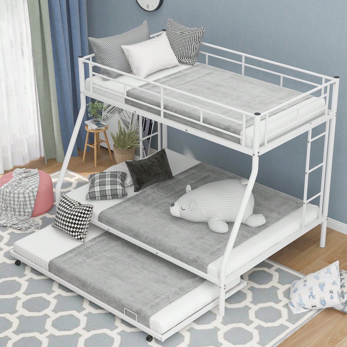 Sturdy Twin Over Full Bunk Bed With Twin Trundle And Dual Ladders In Black Finish